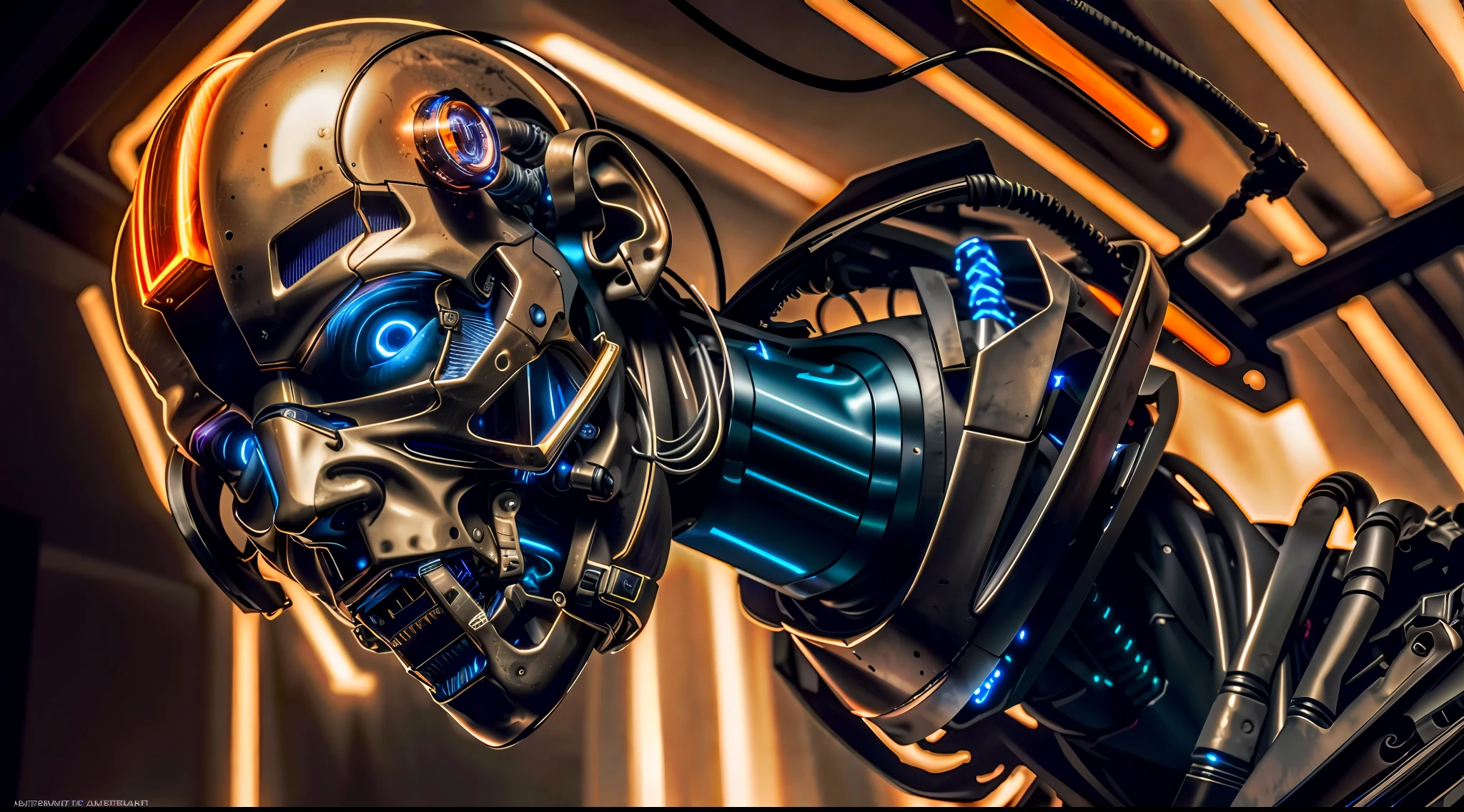 (masterpiece,8k quality, 8k, top quality, best quality, official art, beautiful and aesthetic:1.2),close up, face, fire eye, eye on fire ,a humanoid lauterbach robot biomechanical bronze with a head full of wires and a light cold on it's face and neck, in a dark room in a dark room with a red light behind him, unreal engine 5 highly rendered, cyberpunk art, les automatistes, raw photo of detailed skin, clear face, (masterpiece, top quality, best quality, official art, beautiful and aesthetic:1.2), [cat : girl : 7], chest, porcelain face, cyborg, robotic parts, 150 mm, beautiful studio soft light, rim light, vibrant details, cyberpunk, hyperrealistic, anatomical, facial muscles, cable electric wires, microchip, H. R. Giger style, extremely detailed (realistic, photo-realistic:1.37),Amazing, finely details