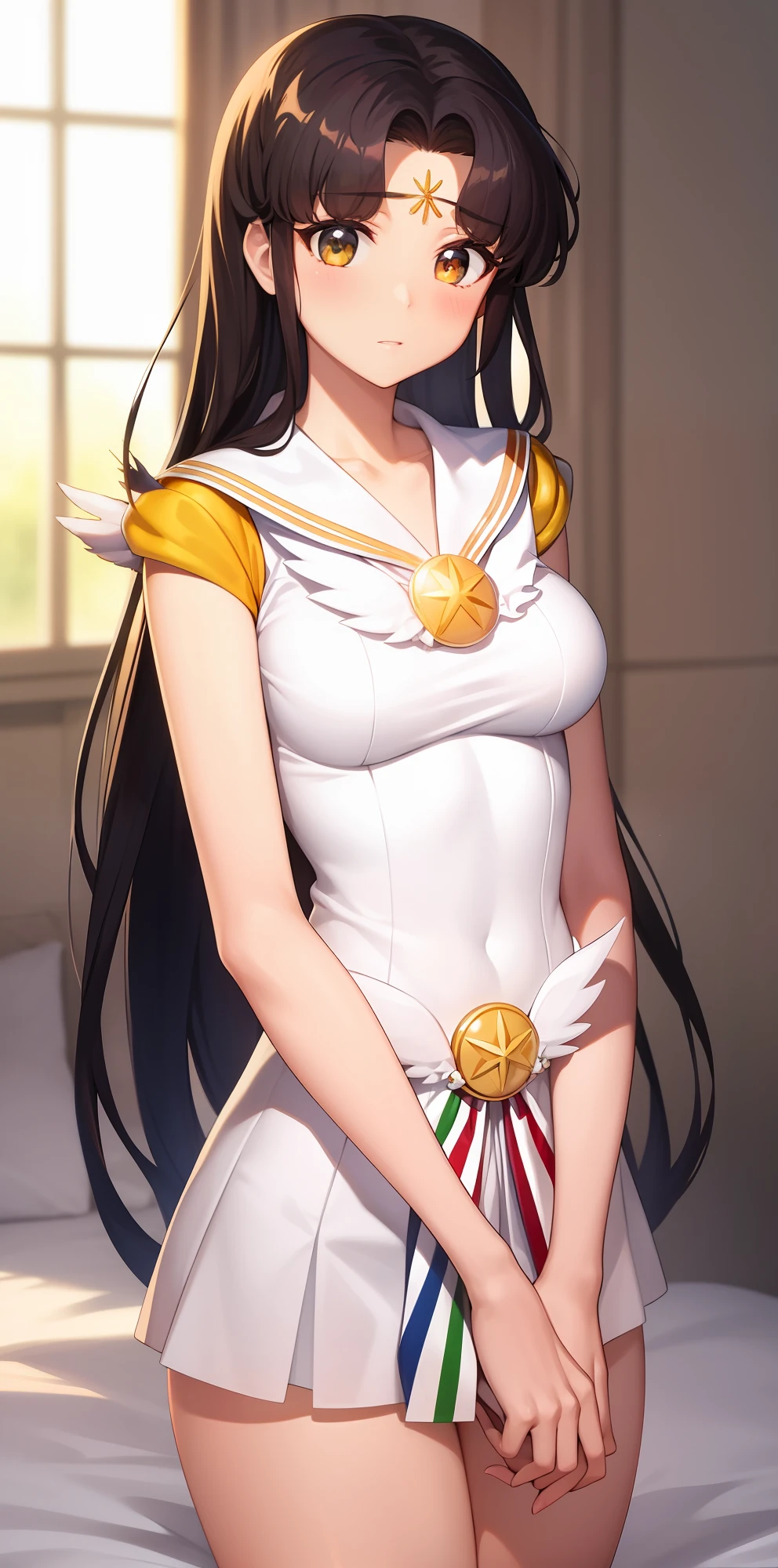 White sailor suit,Pure girl,anime big breast,opulent,brunette color hair,Side Body,squatt,adolable,high school senior,flatchest,long whitr hair