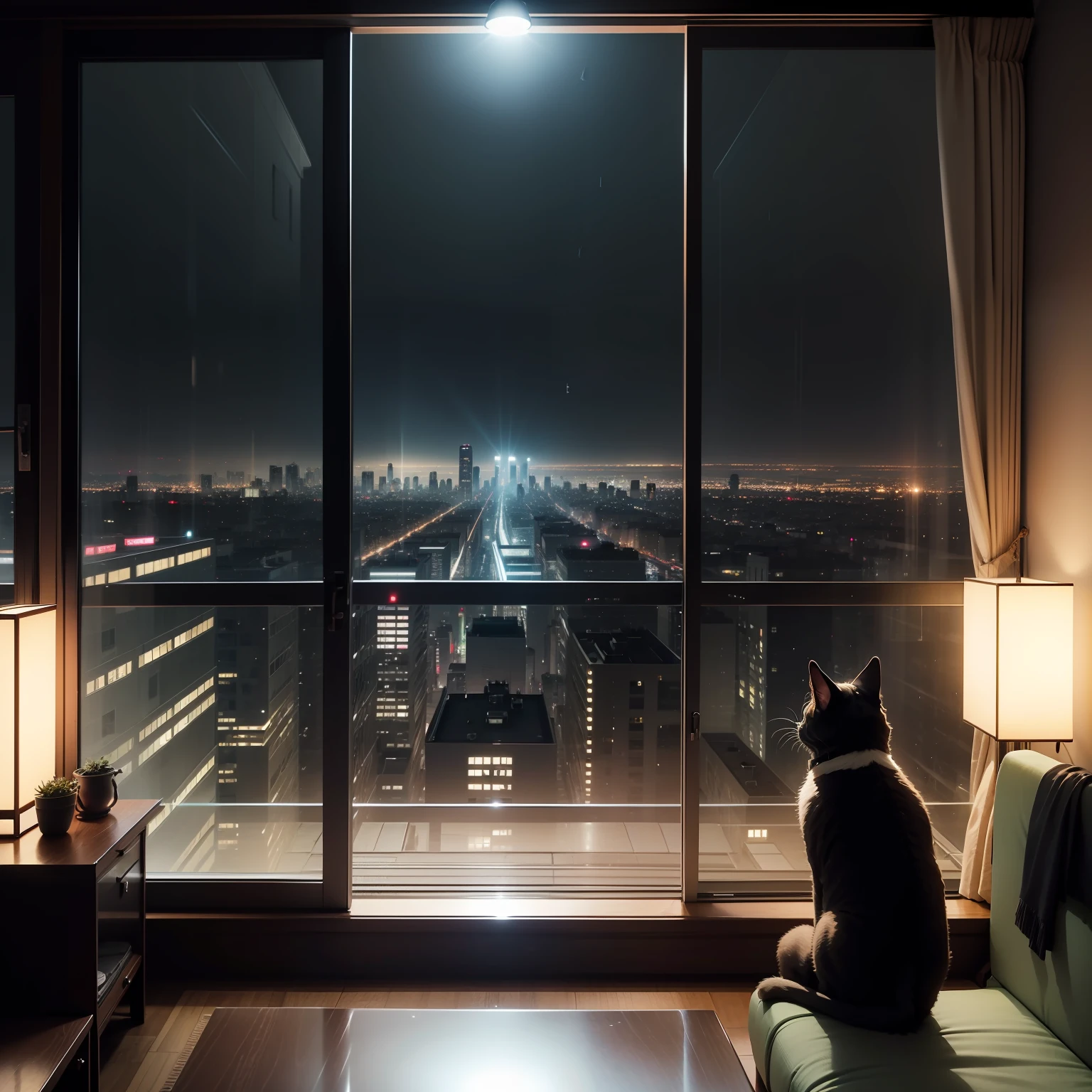 A cat sits on a couch looking out the window at the night city, Japanese-style city apartment,Raindrops were scattered outside the window, cinematic shot ar 9:16 -n 6 -g, ultra-realistic picture, City Apartment Comfortable and peaceful, hyperrealistic picture, chill time. Good view, city apartment, indoor picture, overlooking a modern city, night realism, interior scenes, beautiful realistic photo