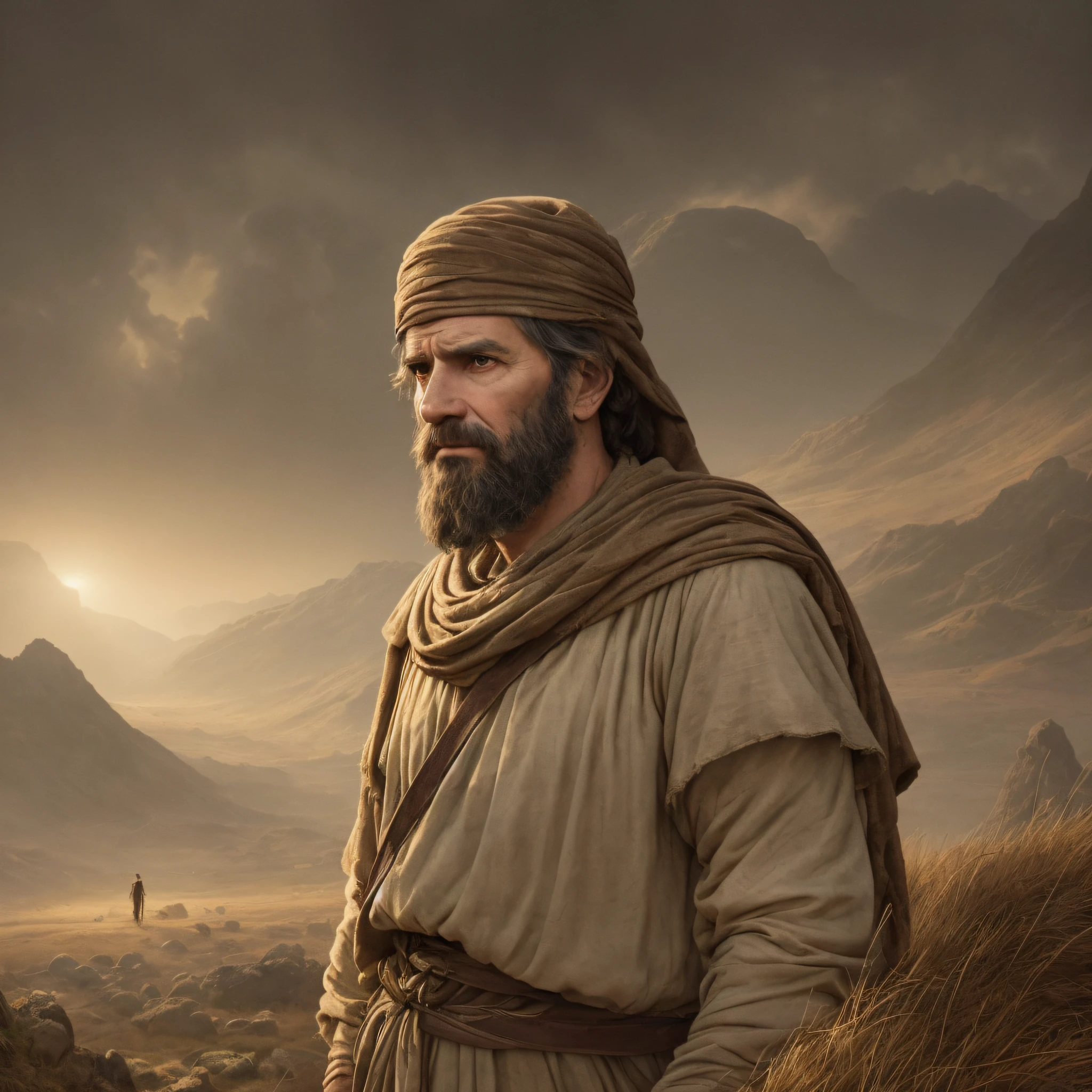 King David, 40y, biblical costumes, crossing a dark valley. with a determined expression, though his posture reveals signs of fatigue and struggle. Highlight the dim light that shines in the distance, representing God's comforting presence, even in the most difficult of times. --auto --s2