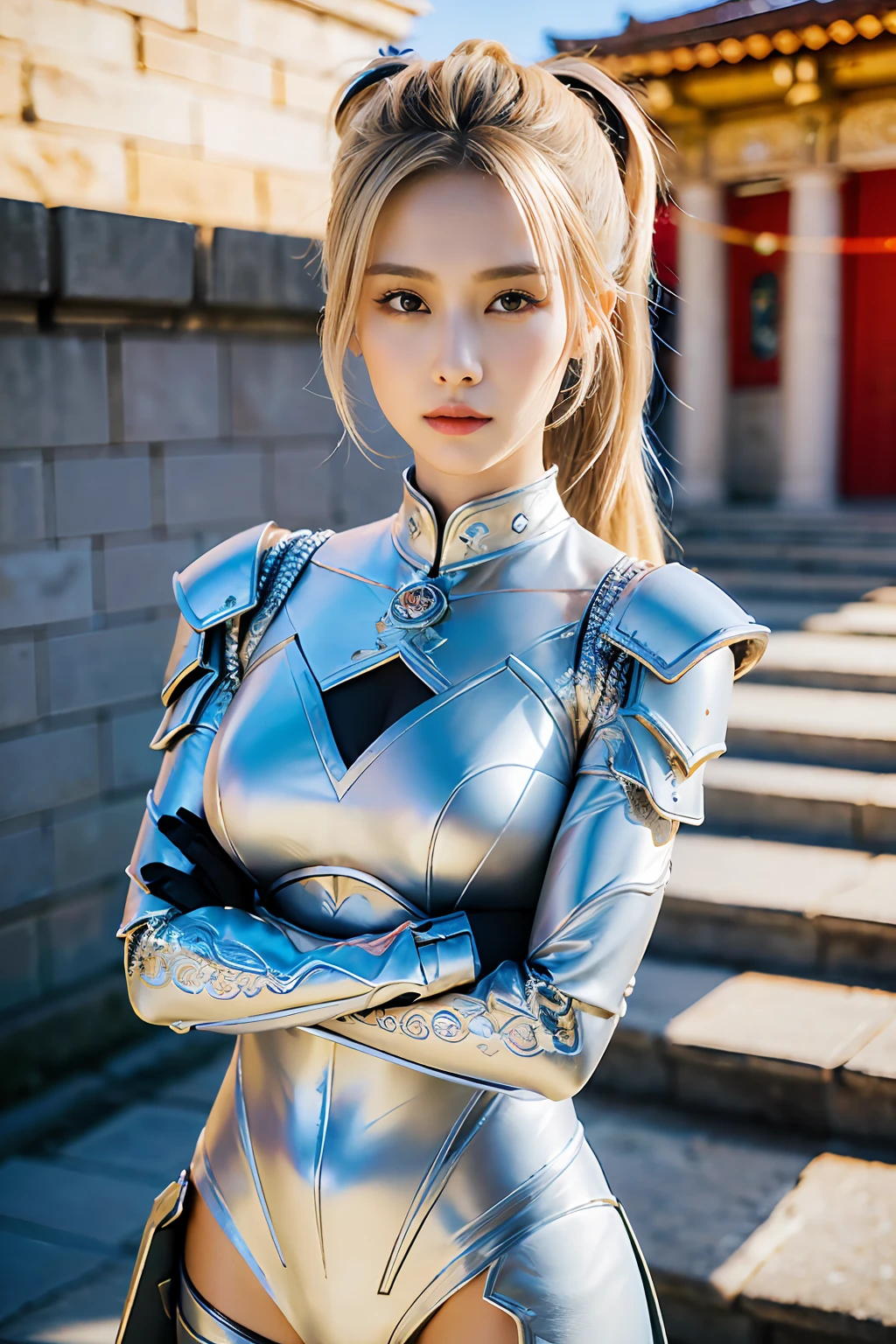 (8K, best quality:1.2), (masterpiece:1.37), (photo, photorealistic:1.37), (ultrahigh-res), half body, walking pose, shot from front, slow motion, female paladin wearing the full body, (light silver armour:1.2),(ornately decorated armor), (insanely detailed, bloom:1.5), (highest quality, Alessandro Casagrande, Greg Rutkowski, Sally Mann, concept art, 4k), (analog:1.2), (high sharpness), (detailed pupils:1.1), detailed face and eyes, Masterpiece, best quality, (highly detailed photo:1.1), (long blonde Hair, ponytail,ecstatic:1.1), (young woman:1.1), sharp, (perfect body:1.1), realistic, real shadow, 3d, (temple background:1.2), arms crossed over the chest
photographed by Canan EOS R6, 135mm, 1/1250s, f/2.8, ISO 400