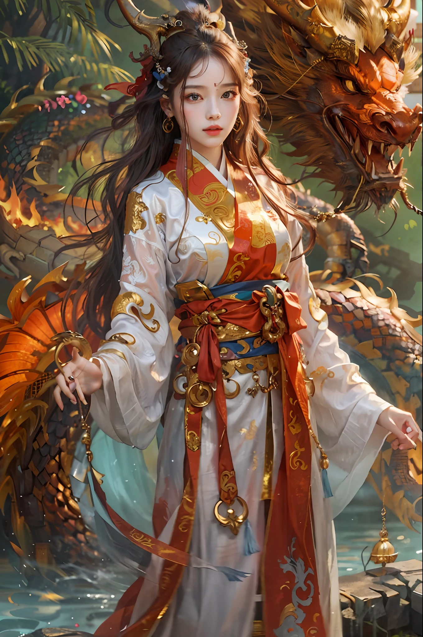 A masterpiece, Best quality at best, Realistic, Realistic, The painting depicts a woman standing next to a dragon. The whole painting adopts cute and realistic portraits (styled kawaii realistic portrait) ，Water spirit's eyes. Long hair fluttering and cute (Cute:2). The whole painting shows excellent realistic detail, Light and shadow tracking, rich details​, Close-up of a woman in Han costume with a dragon, Chinese dragon, Portrait of the Dragon Woman, dragon-inspired cloth robes, Chinese girl, long and flowing hair, Dragon girl, dragon in the background, drak, Hanging ornaments, Chinese fantasy，in style of red:1.5，fire element style，flame，loong