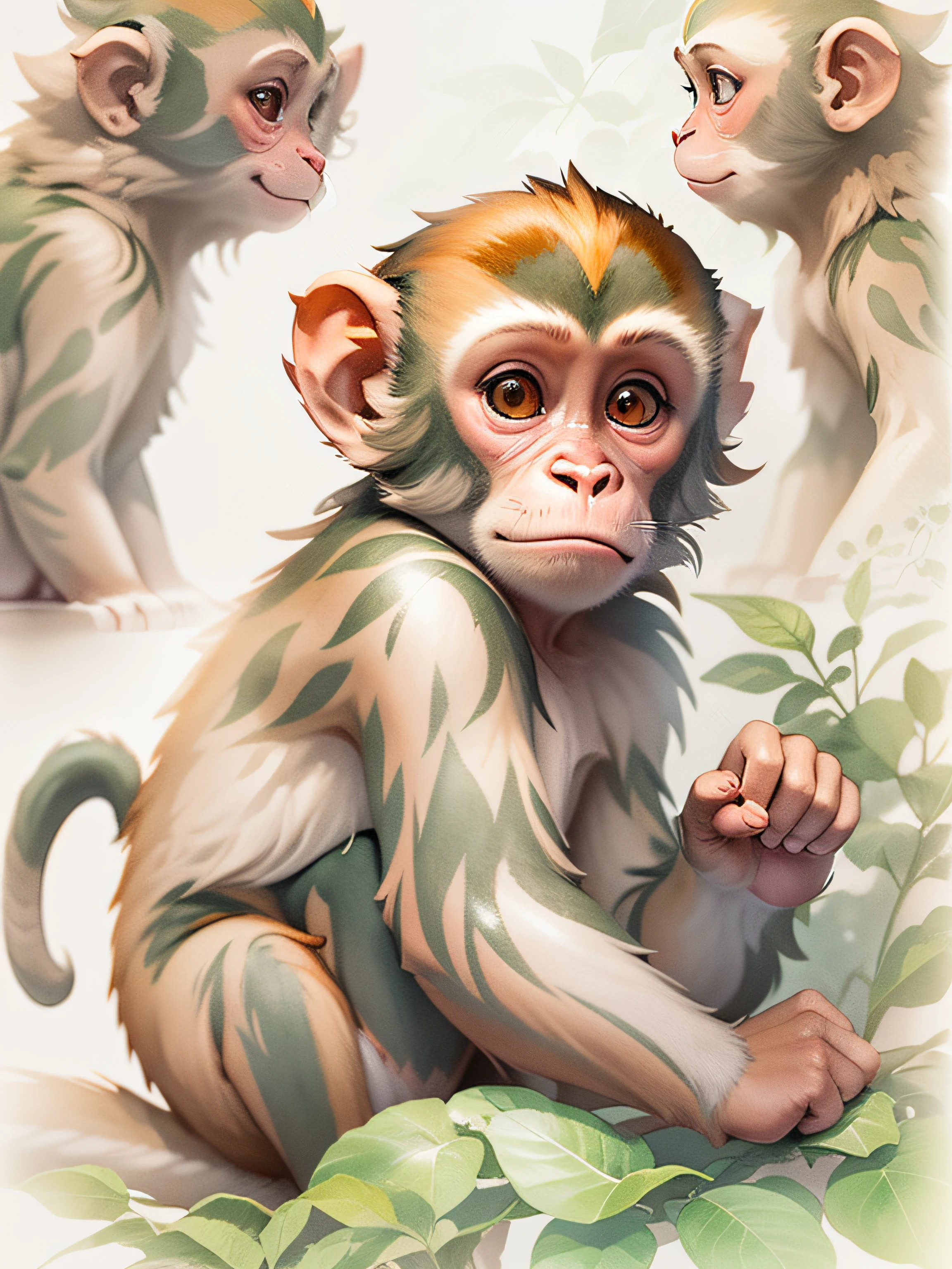 adorable little monkey, realistic illustration, Concept art, 2D planar vector, comic style, Charming, watercolor effect, Adobe Illustrator, hand-drawn, zoom out, whitebackground, centered, Full-frame body, approaching perfection, dynamic, Highly detailed, Smooth, Illustration Style