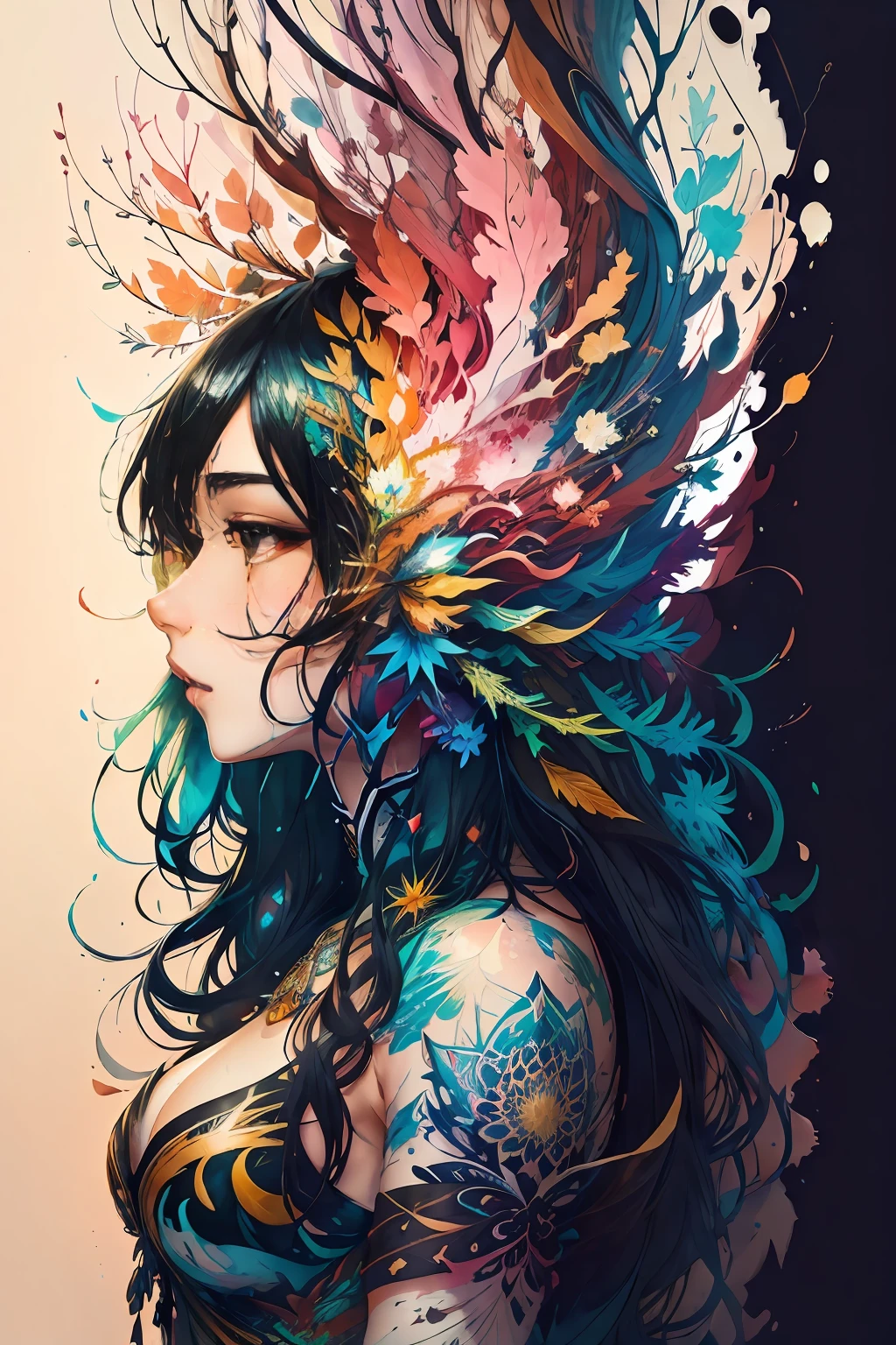 Create a beautiful tree, tree woman With the torso with a feminine silhouette. with the female silhouette, a perfect body. With green leaves.digital drawing, perfect face, Glossy skin, 8k concept art portrait, dynamic lighting, superdetail, detailed image, complex background, alcohol ink drawing.,beautiful woman, A woman with black hair wearing a colorful outfit and a black background with paint splatters, by Hirohiko Araki, Official Art, Unity 8K Wallpaper, Ultra detailed, beautiful and aesthetic, Masterpiece, Best Quality, (Zenredar, mandala, tangle, tangle), 1girl, extremely detailed, Dynamic Angle, cowboy, The Most Beautiful Form of Chaos, elegant, A brutalist designed, bright colors, romanticism, By James Jean, Gerhard Richter, Takato Yamamoto, Ashley Wood, atmospheric, ecstasy of musical notes, streaming musical notes visible,Wtrcolor style, blown by the wind, Masterpiece, Beautiful, ((watercolor)), Paint Splatters, Intricate Details. High Detail, [drip:0.7], Trending on Artstation, Rachel Walker,Style-Painting-1900, A gorgeous nude stunning woman completely covered in paint floating in a pool, beautiful lighting, large detailed beautiful eyes, Nirvana, relaxed, from top, full body, paint drips, Paint Swirls, paint splatters, high heels, (Beautiful Spiral Paint Swirls), by Jeremy Mann, By Sandra Chevrier, vivid contrasting colors, chromatic abberation, black background, behance HD, Masterpiece, Best quality, (realistic:1.2), (high contrast:1.2),Gold decoration, forest goddess, beautiful caucasian girl close-up, beautiful goddess fused with forest and trees, black hair fused with platinum and golden,