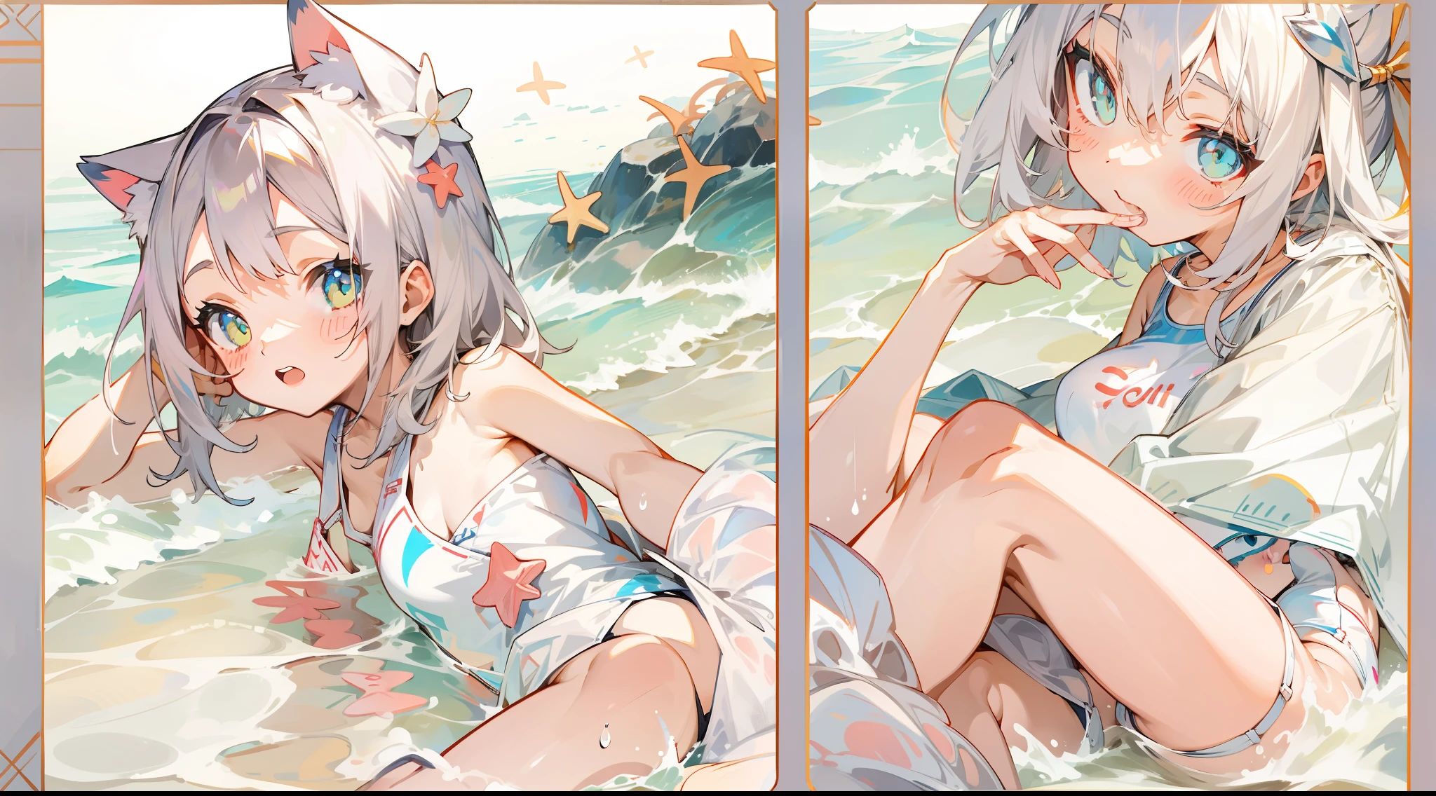 Seaside beach swimsuit white cat-eared girl