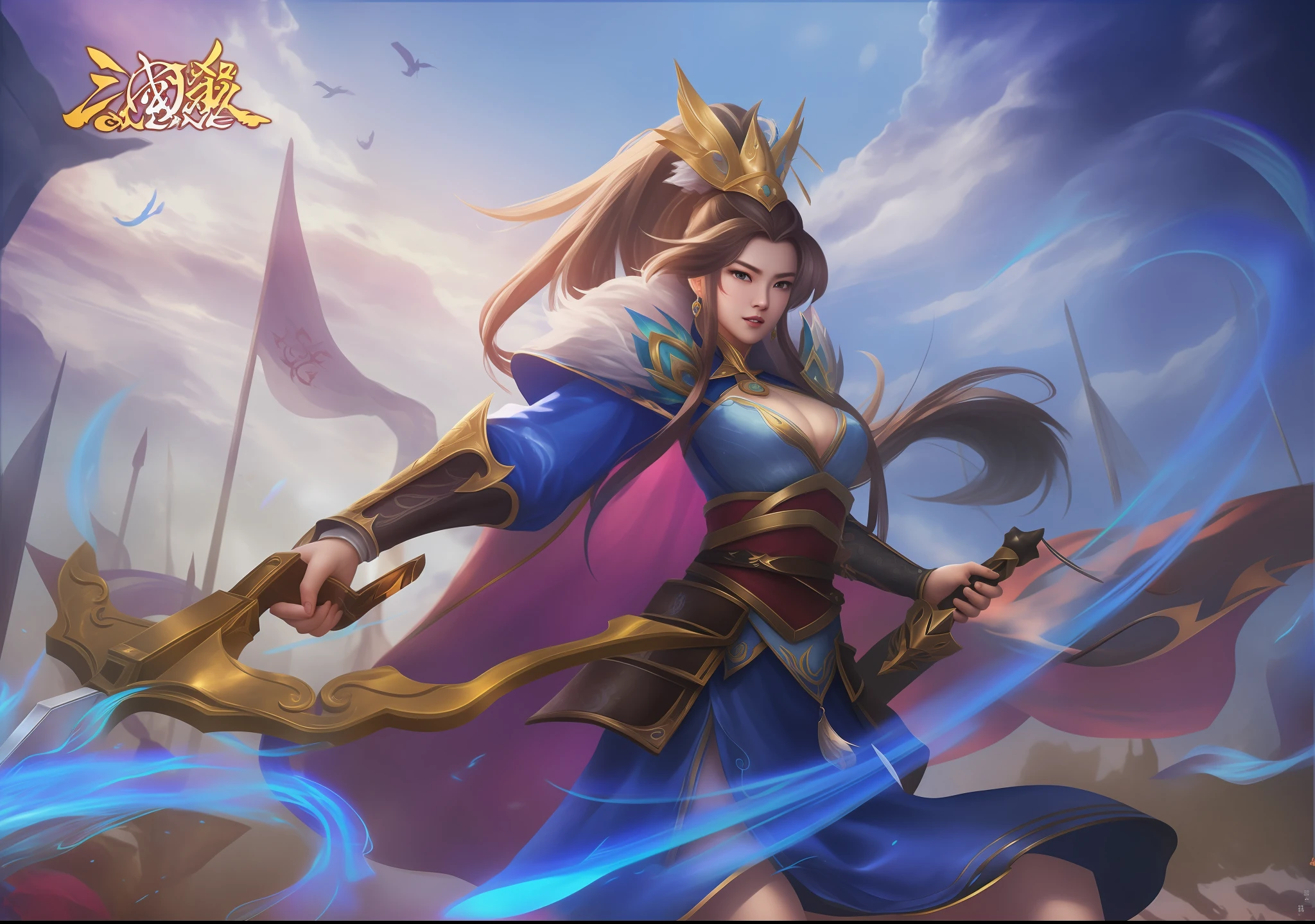 A woman in a blue dress holds a sword and a sword, queen of the sea mu yanling, inspired by Ju Lian, Inspired by Lan Ying, xianxia hero, by Yang J, bian lian, Ruan Jia and Artgerm, heise jinyao, inspired by Park Hua, Inspired by Huang Shen, inspired by Du Qiong
