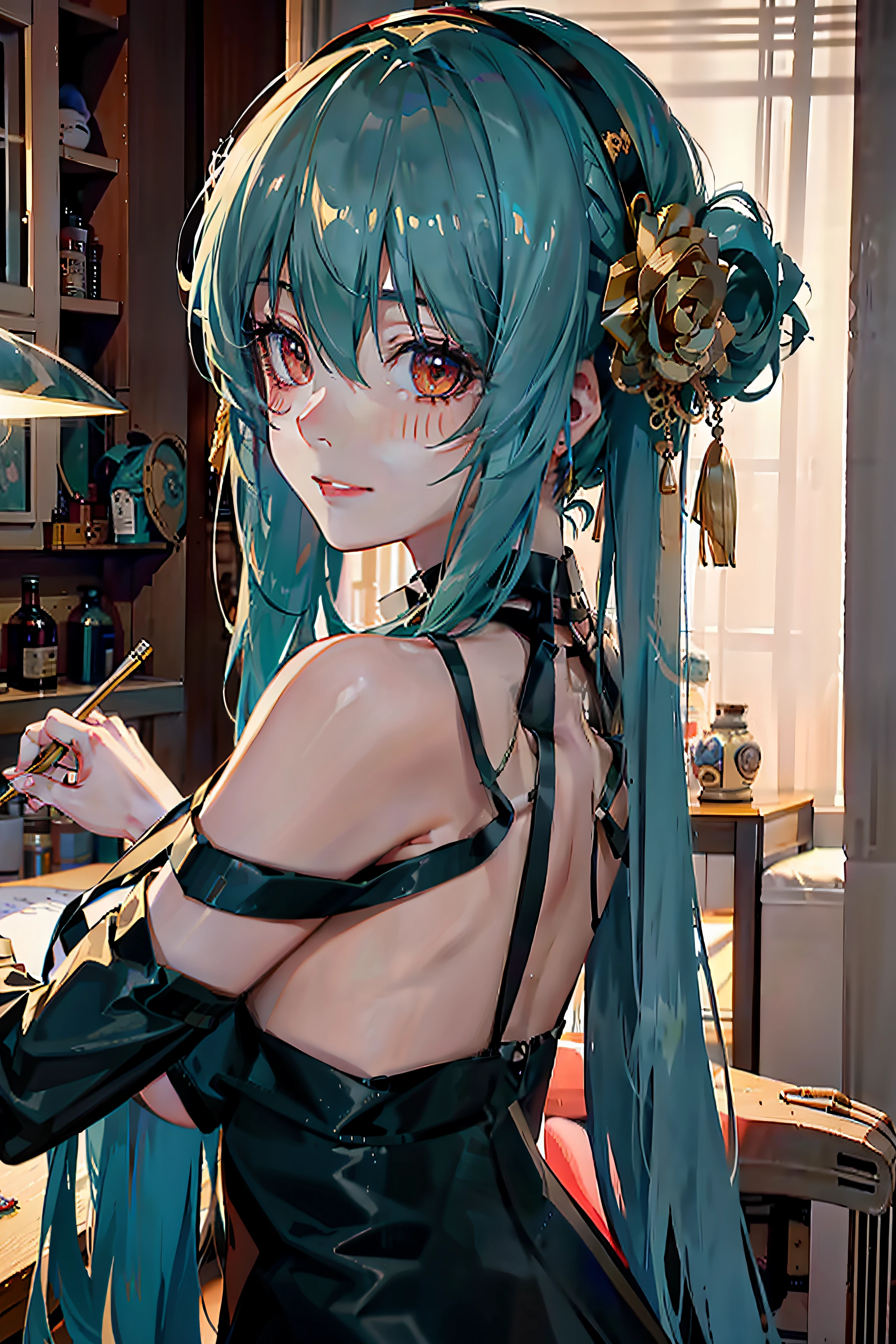 (RAW photo, Best quality), (Photorealsitic, photo-realistic:1.1), Best quality, Highly detailed, Masterpiece, Ultra detail, illustration, Charming singer, Big breasts Hatsune Miku, Os amigos, ancient-style clothing, Clothes with extra high detail, ssee-through, Bare back, Bare chest, Sexual suggestiveness, Dynamic Angle, world mastery theater, Long messy hair, Best quality, extremely detailed CG unity 8k壁纸,ink,astounding,电影灯光,lens_flare,ssee-through_flare