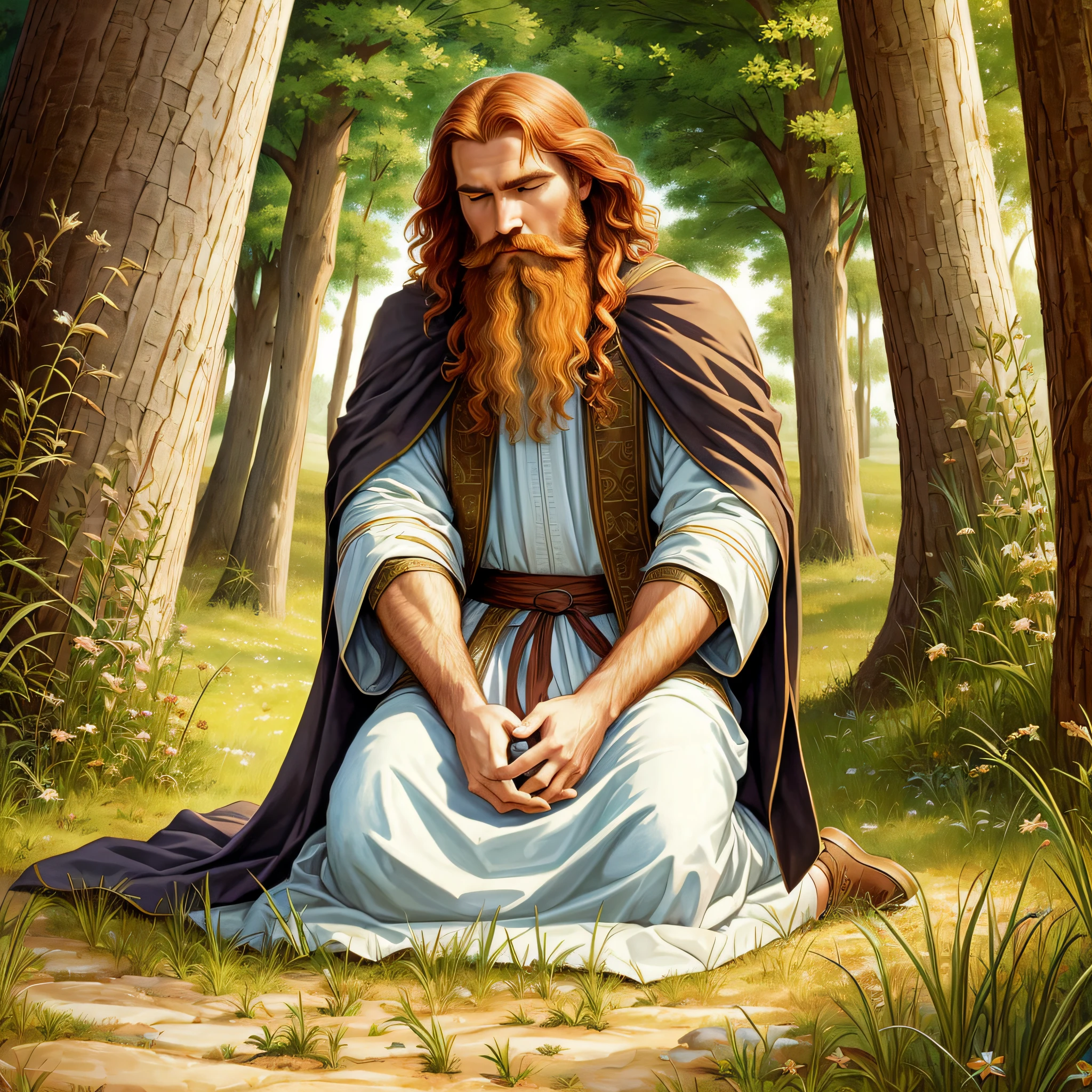 image of a man with trimmed hair and beard, redhead, sitting in the field, greg olsen, kneeling in prayer, biblical illustration, robed tunic, holy man looking at the ground, King David, his mind contemplating eternity, Christian art, --auto --s2
