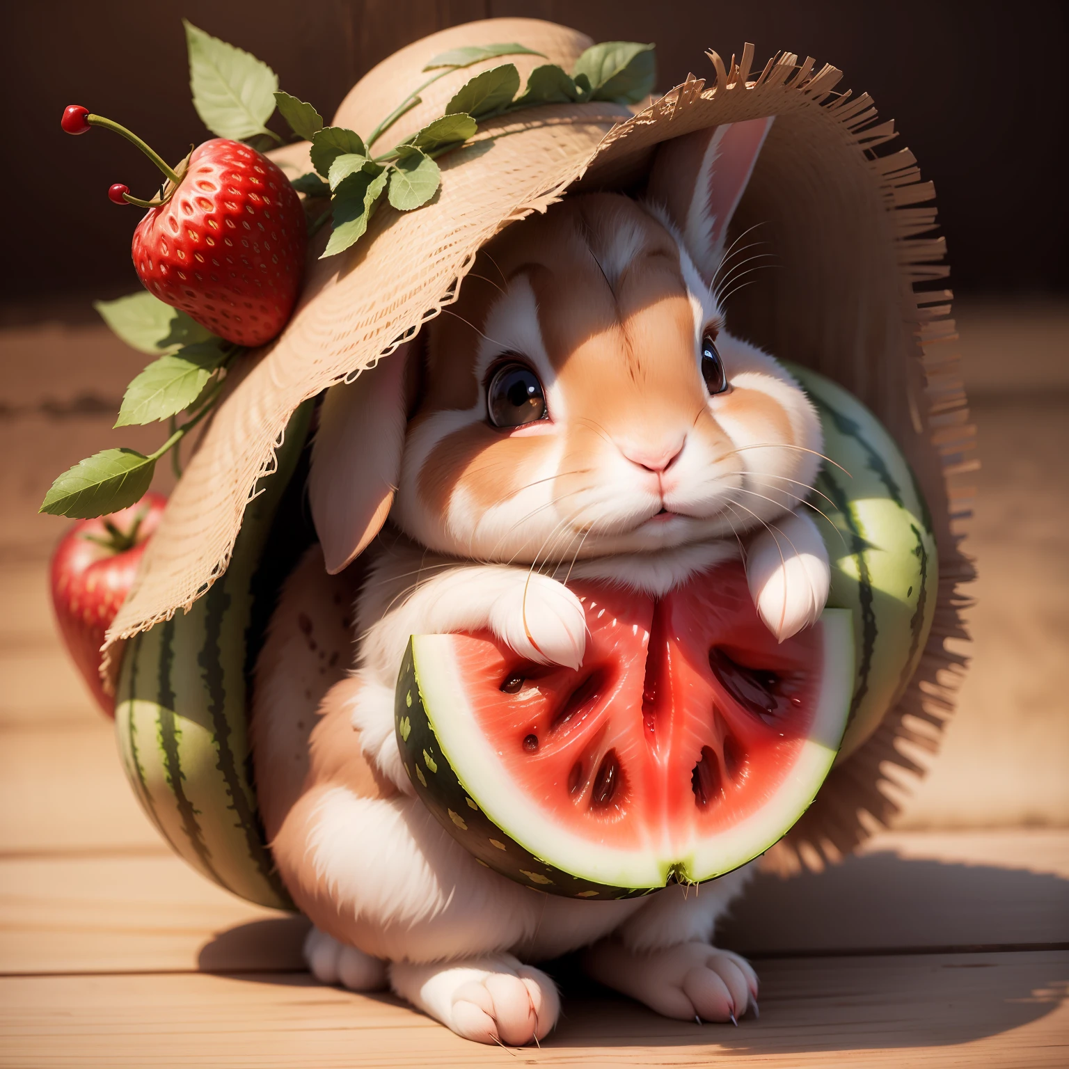 : 3. Rabbit, realistic, hairy, clothed animal, apple, dark circles, blush, cherry, food, fruit, full body, hat, non-human, strawberry, tomato, watermelon