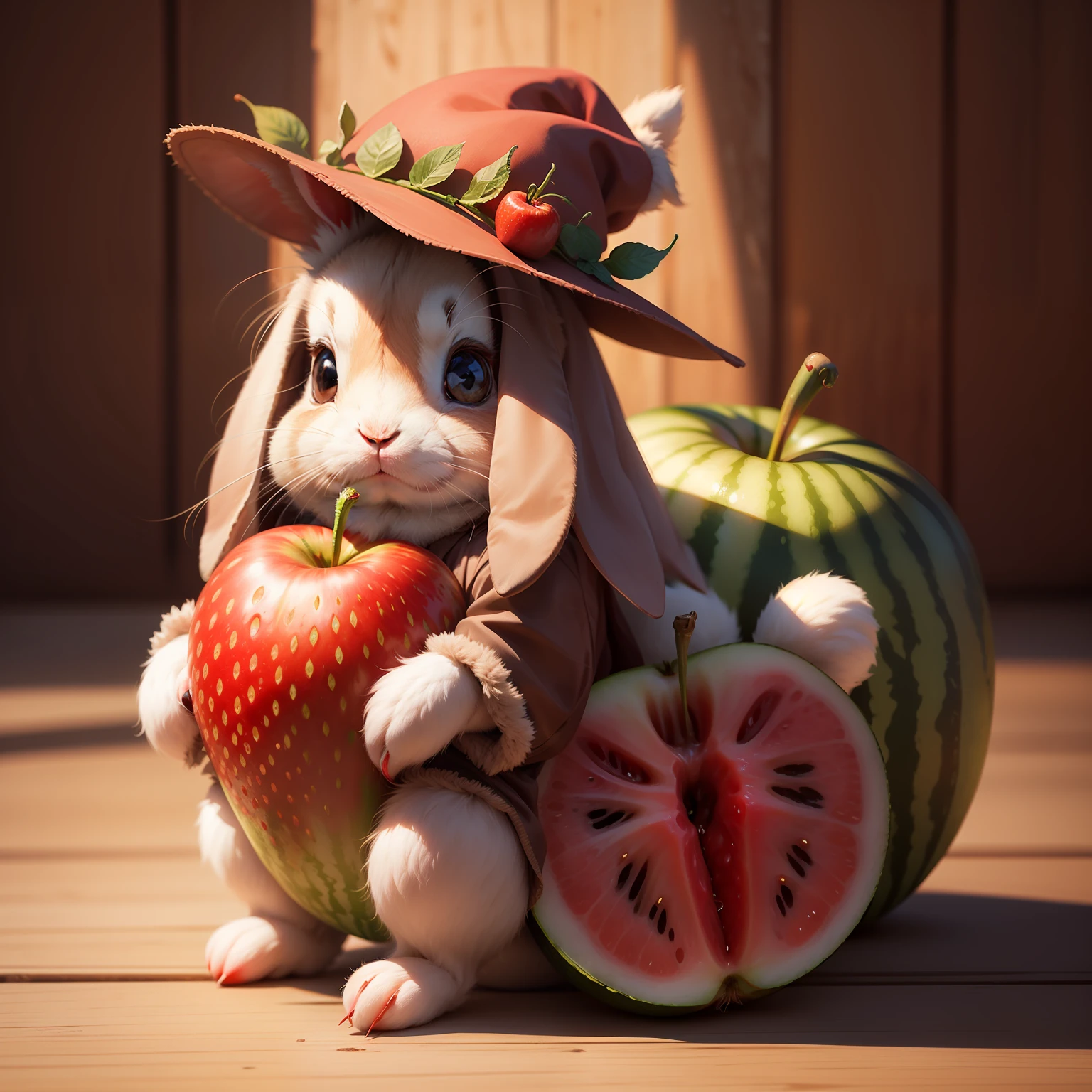 : 3. Rabbit, realistic, hairy, clothed animal, apple, dark circles, blush, cherry, food, fruit, full body, hat, non-human, strawberry, tomato, watermelon