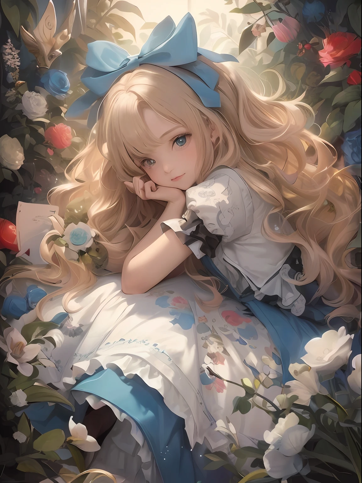 a painting of a girl with long blonde hair and a blue bow, Kawacy, like alice in wonderland, Alice X. Zhang, portrait of alice in wonderland, Guweiz, bela arte de anime, Alice de Alice na Terra das Maravilhas, Arte no estilo de Guweiz, anime loira com cabelo longo, retrato bonito do anime, alice in wonderland style, obra-prima, melhor qualidade, (papel de parede CG unity 8k extremamente detalhado), (melhor qualidade), (best illustration), (melhor sombra), Absurdo, arte epica, Poses gloriosas, lindo brilho detalhado, brilho luminoso de fundo, detalhes insano