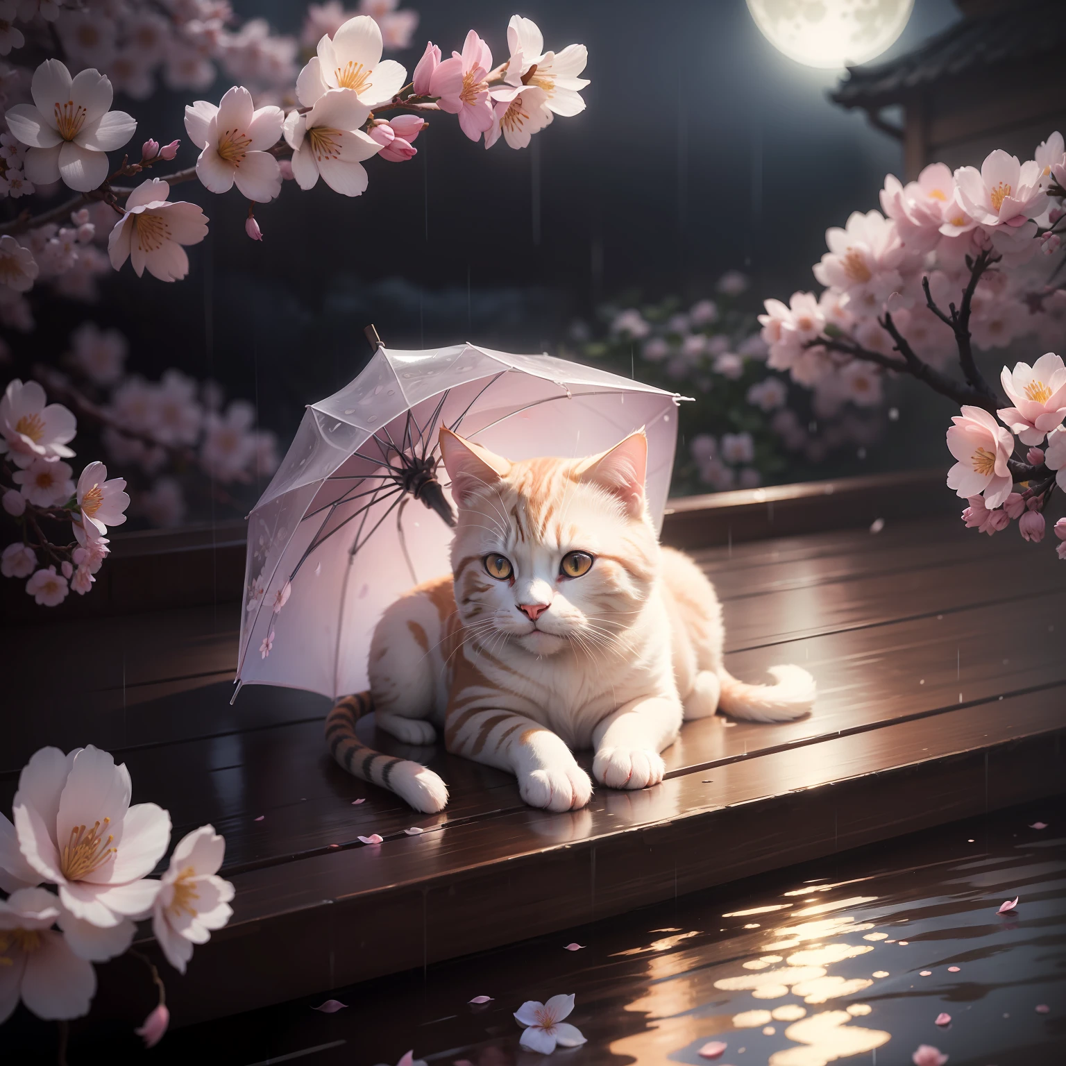 sakura, blooming, flower petal, cat, rain, high resolution, moonlight, Super detail, 16k