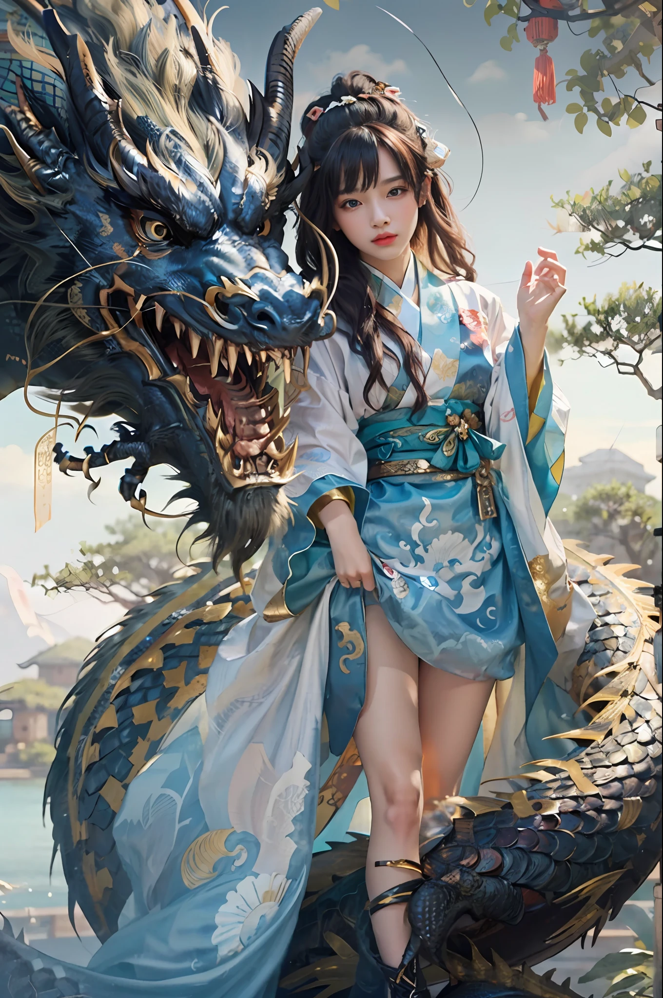 A masterpiece, of the best quality, realistic, realistic, this painting depicts a woman standing next to a dragon. The whole painting uses a cute and realistic portrait (styled kawaii realistic portrait) with dark blue eyes. Long hair fluttering and cute (cute:2). The whole painting shows excellent photorreal details, light and shadow tracing, rich details, close-up of a woman in kimono with a dragon, cyan Chinese dragon, dragon girl portrait, dragon inspired cloth robe, Chinese girl, flowing black long hair, dragon girl, dragon in background, black dragon, hanging ornaments, Chinese fantasy,loong