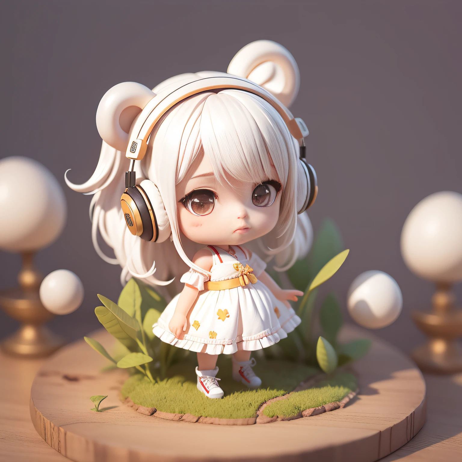 Masterpiece, best quality, lots of detail, (full body:1.2), chibi, panda girl, white hair, magic dress, light headphones, 3D rendering, Q printmaking style