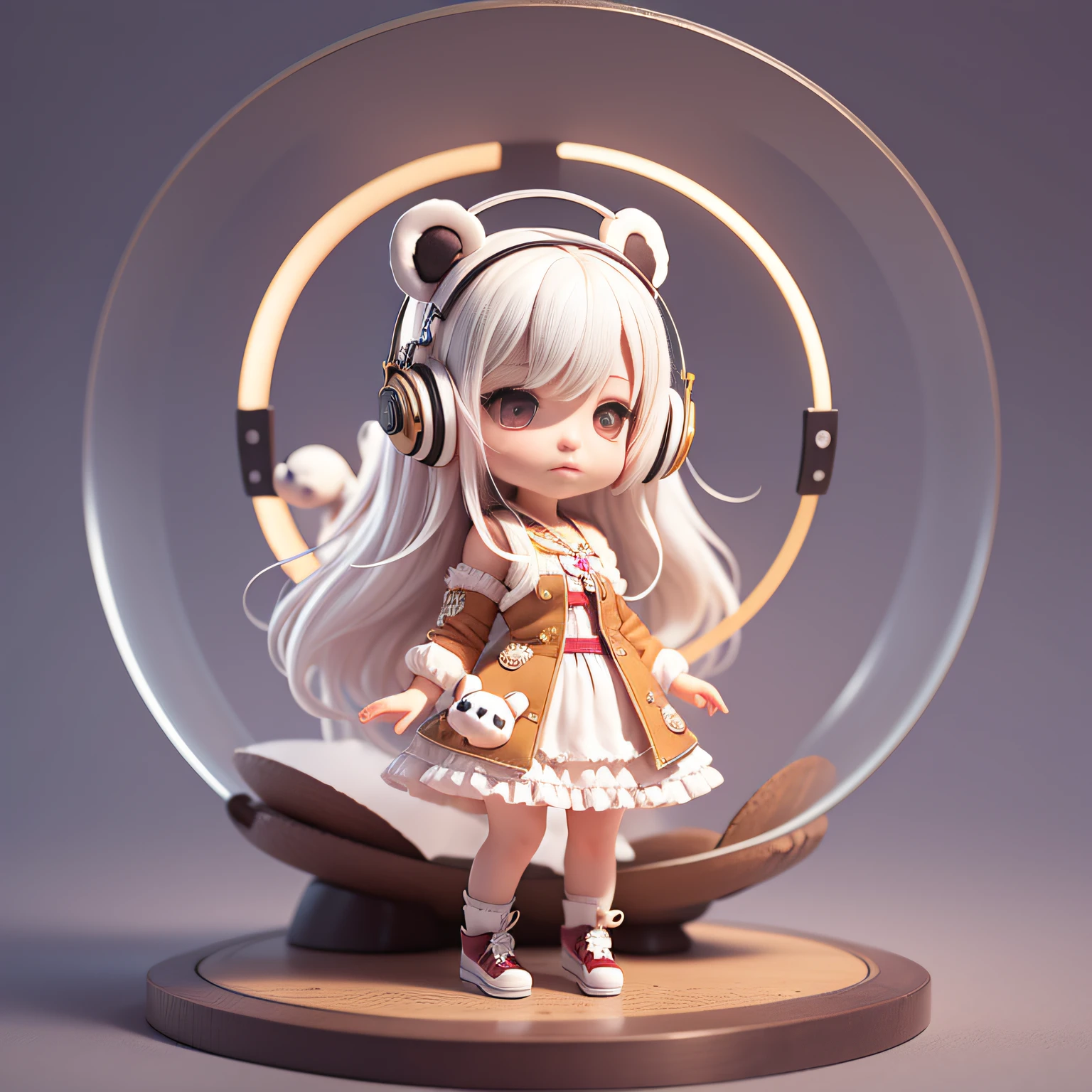 Masterpiece, best quality, lots of detail, (full body:1.2), chibi, panda girl, white hair, magic dress, light headphones, 3D rendering, Q printmaking style