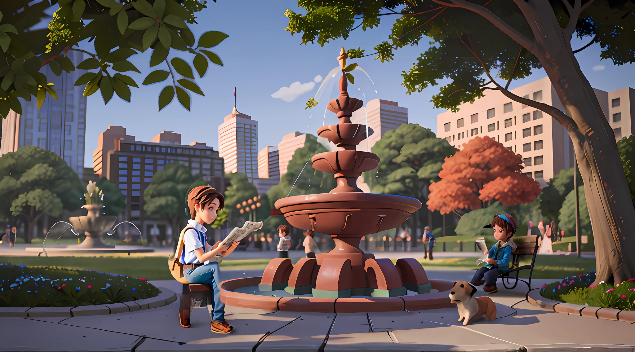 Blue Tops，Dark pants，Sit on a bench，Read the newspaper，mtu