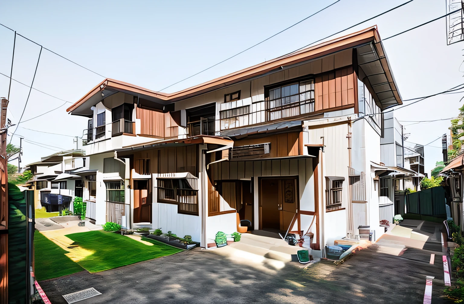 There are houses with brown doors and brown doors, Japanese houses, one house, Home and home, Complete House, front-facing view, Outside view, Residential area, Passive House, Inter Dimension Villa, front side, low  angle shot, low  angle shot, arhitectural shot, exterior, Residential houses, Sakuga, !!Beautiful!!, in house