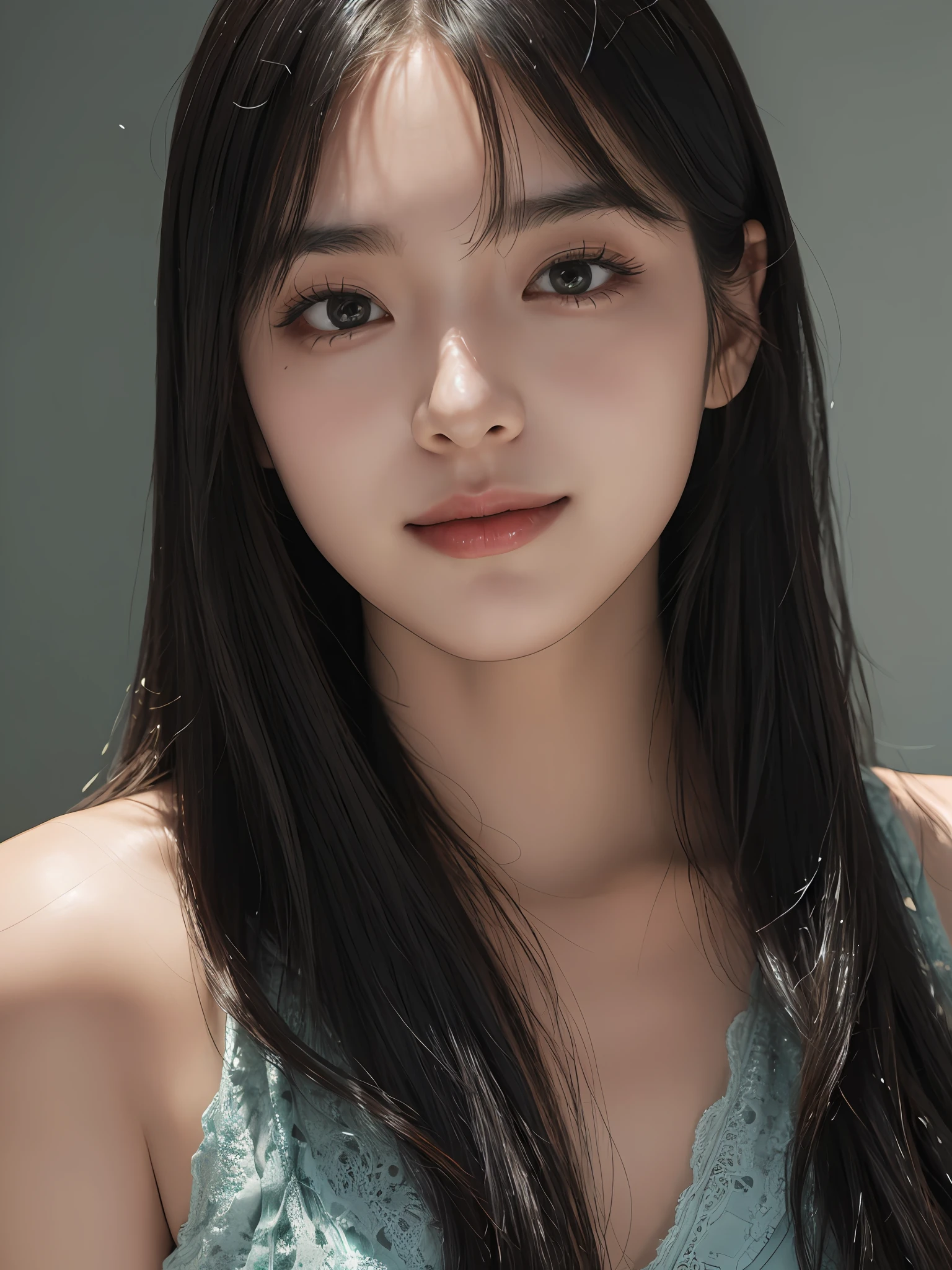Masterpiece, best picture quality, high quality, beautiful woman, Japanese, popular Korean makeup, detailed, swollen eyes, detailed eyes, detailed skin, beautiful skin, ultra high resolution, (reality: 1.4),very beautiful, slightly younger face, beautiful skin, slender, (ultra realistic), (illustration), (high resolution), (8K), (very detailed) (best illustration), (beautifully detailed eyes), (super detailed), (wallpaper), (detailed face), looking at viewer, fine details, detailed face, pureerosfaceace_v1, smiling, looking straight ahead, looking straight ahead, angle from waist up, realistic photo, bright lighting, professional lighting, black hair (some of hair part green), long hair, dark ruins, big red moon, gorgeous red and black dress, mature woman, long stylish bangs,キスショット・アセロラオリオン・ハートアンダーブレード
