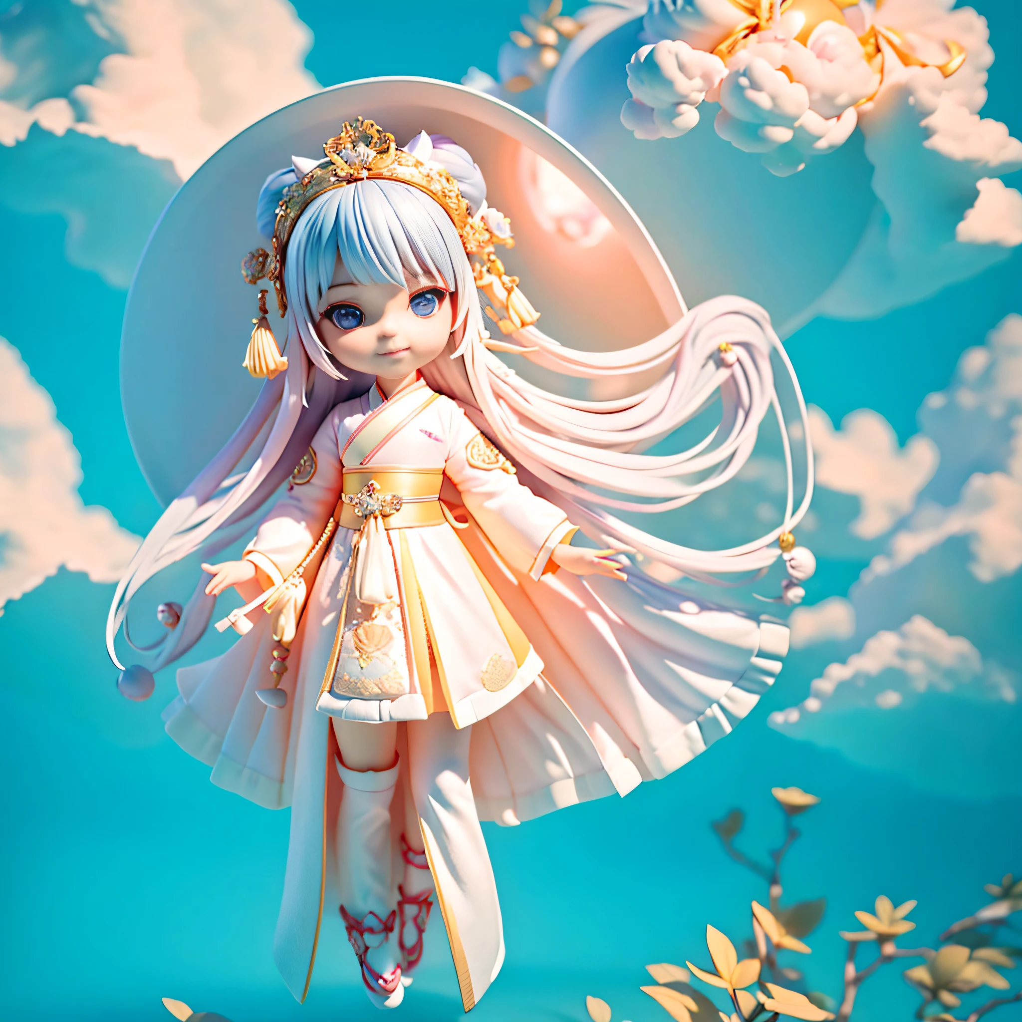 Super cute little girl, full body, wearing gorgeous Hanfu, little vixen, anthropomorphic, bubble mart style, wearing an elegant cape, sweet smile, white fur, bright big eyes and fluffy tail, clouds floating gently, extremely detailed 3D animation, super realistic, super detailed, luxury movie lights, octave light, Octaneendering, zbrush