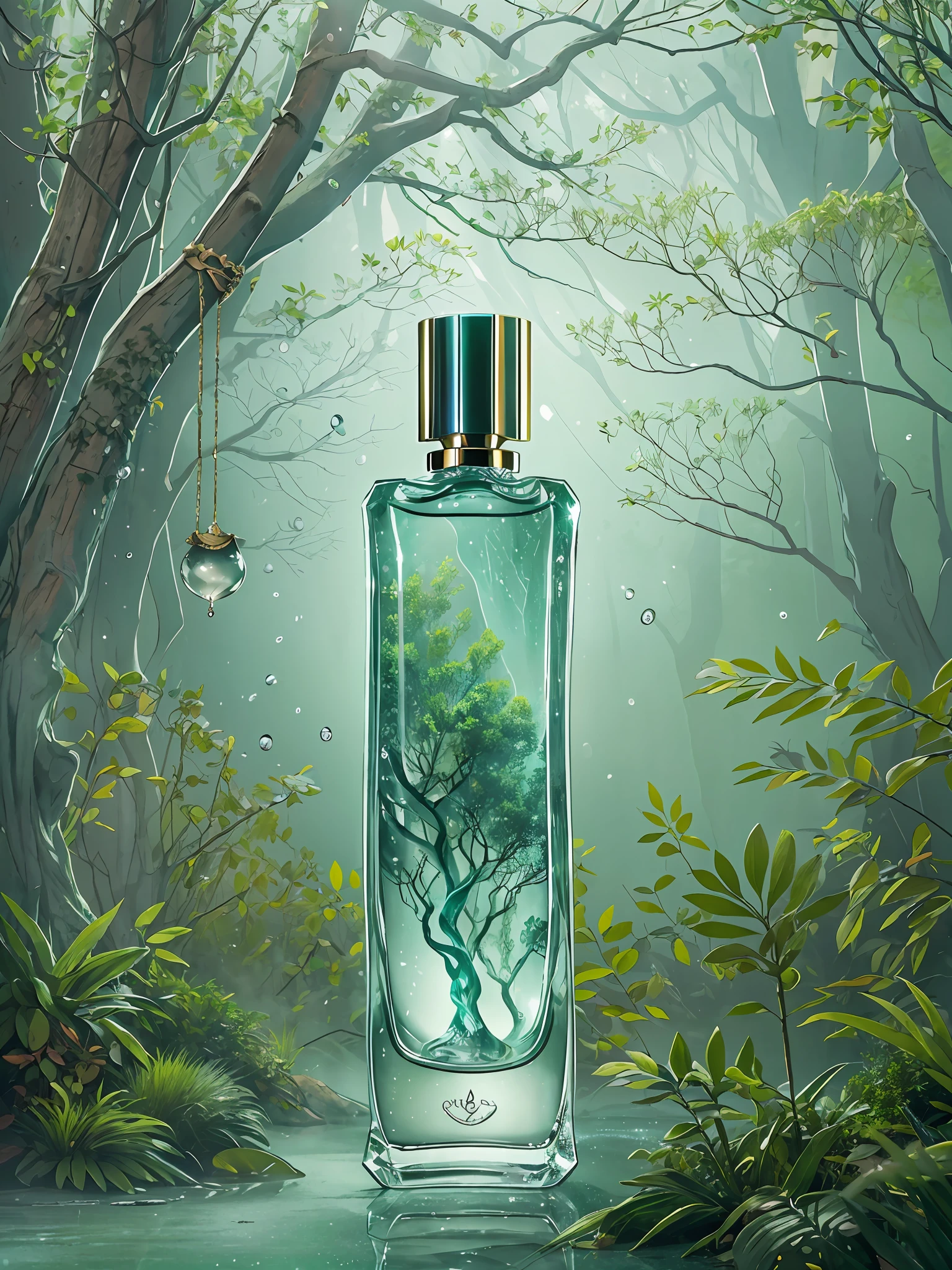 Design a perfume bottle inspired by a misty forest. Keywords: enchanteur, ethereal, mystique, nature, tranquility. aesthetics: Design must capture the magical essence of a misty forest. Incorporate elements such as swirling mists, femme sensuelle et erotic, delicate foliage, and ethereal lighting. The bottle must have an elegant and modern silhouette, with smooth curves and a translucent appearance to evoke a sense of mystery. Consider adding subtle texture and shimmering accents to enhance the Enchanted Forest theme. Palette de couleurs: Utilisez une palette de tons doux et froids, y compris les nuances de vert, bleu, et gris, to imitate the foggy atmosphere of the forest. Add notes of silver or iridescent hues to represent the magical elements.