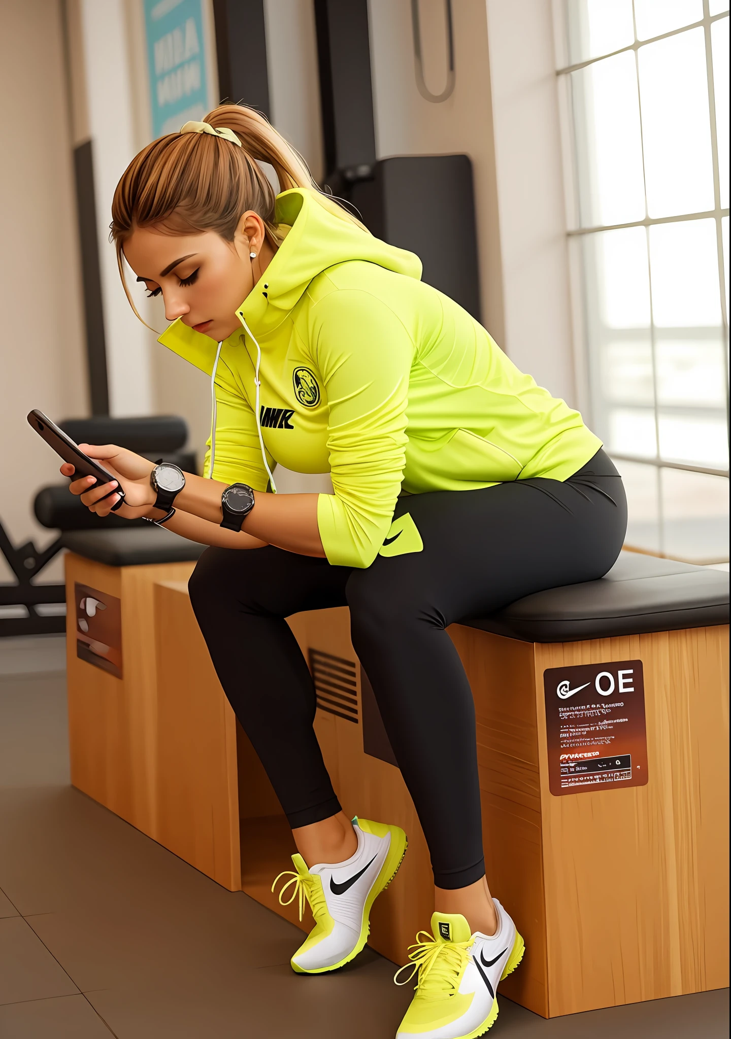 mulher arafed sentada em um banco usando um telefone celular, usando equipamento de fitness, verificando seu telefone, roupas esportivas, roupas esportivas fofas, verificando o celular dela, roupas esportivas, Tonificado, Ad image, workout, Desportivo, foto fit, malhar, em uma academia, Fato de ciclismo Nike, Colocados, iPhone, grande)}], athletic fashion photography, Apertado, imagem impressionante