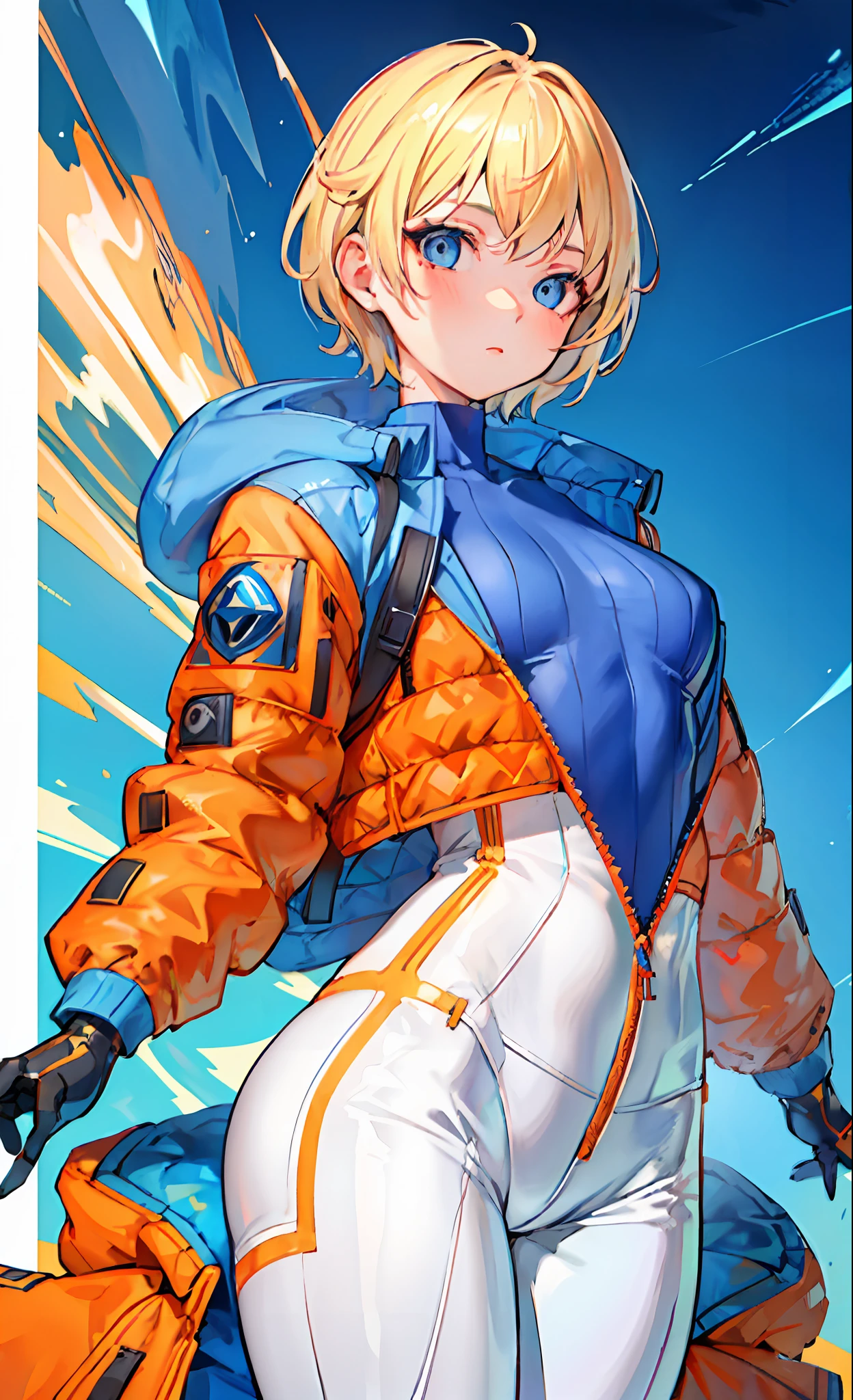 1girls, solo, wattson, masterpiece, highly detailed, blue eyes, detailed eyes, expressive detailed eyes, wide eyed, detailed pupils, blonde hair, short hair, orange jacket, jacket, blue shirt, blue top, blue skinsuit, white pants, blush, plain background