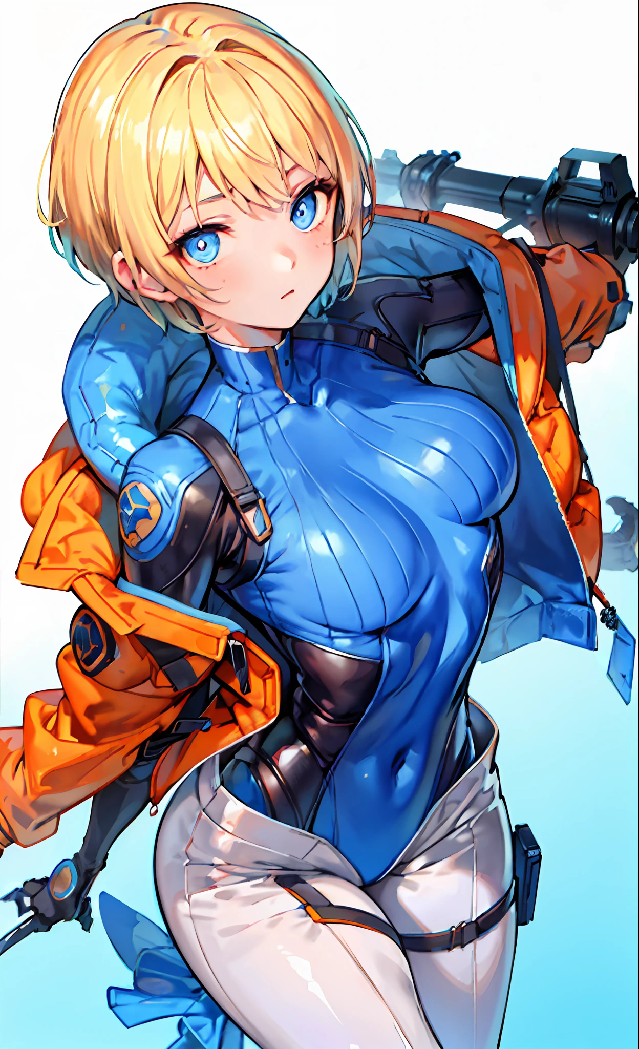 1girls, solo, wattson, masterpiece, highly detailed, blue eyes, detailed eyes, expressive detailed eyes, wide eyed, detailed pupils, blonde hair, short hair, orange jacket, jacket, blue shirt, blue top, blue skinsuit, white pants, blush, plain background