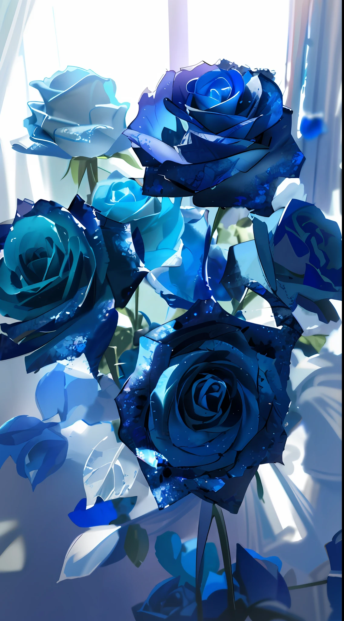 Lots of blue roses in the garden, Blue rose, roses in cinematic light, vibrant but dreary blue, Warm shades of blue, a few roses, rosses, rosette, blue tint, rendering a blue rose, Shades of blue, blue flowers bloomed all over, exploding roses, blue and pink, pastel roses, Blue flowers