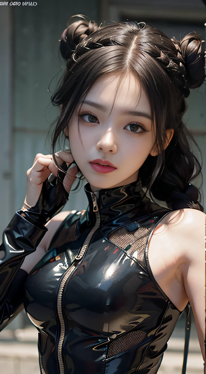 独奏、ultra fine photos、Portrait Unreal Engine 5 8K UHD Skin Tight Black Latex Costume、slick black catsuit、black iconic character、smooth black skin、Black body、PVC、some black、futuristic glossy latex suit、rubbersuit、rubber belts、collars、rubber glove、rubber high boots、arm and leg cuffs、lanyard、top-quality、masterpiece、 Official art、统一 8k 壁纸、ultra-detailliert、foco nítido、dynamicposes、Parts of the body、No extra limbs、precisely anatomy、((Curly hair in braids、Bun1))、top-quality、masterpiece、ultra-detailliert、foco nítido、dynamicposes、ultra fine photos、(((facial close-up)))、