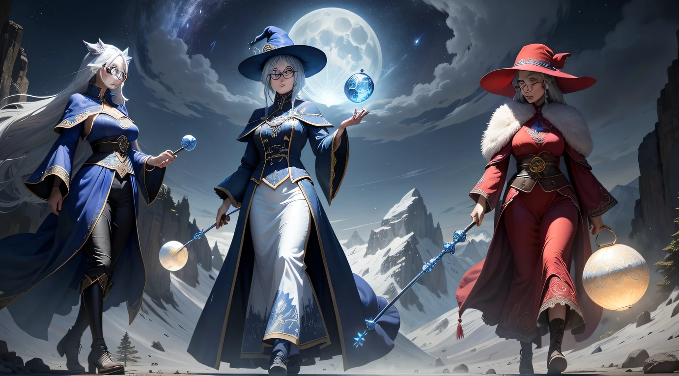 Create wallpaper of a middle-aged female magician with oriental features and glasses, Female mage carries a ball with blue flames and a magic staff with blue flames, Female magician is accompanied by a wolf with white hair and red eyes, The sky is starry on a cold night with a large, bright moon, The landscape contains mountains and a paradisiacal valley, The landscape has spells, a mago feminino tem roupa azul com detalhes dourados, The female magician wears a witch's hat and glasses, The female magician is walking.