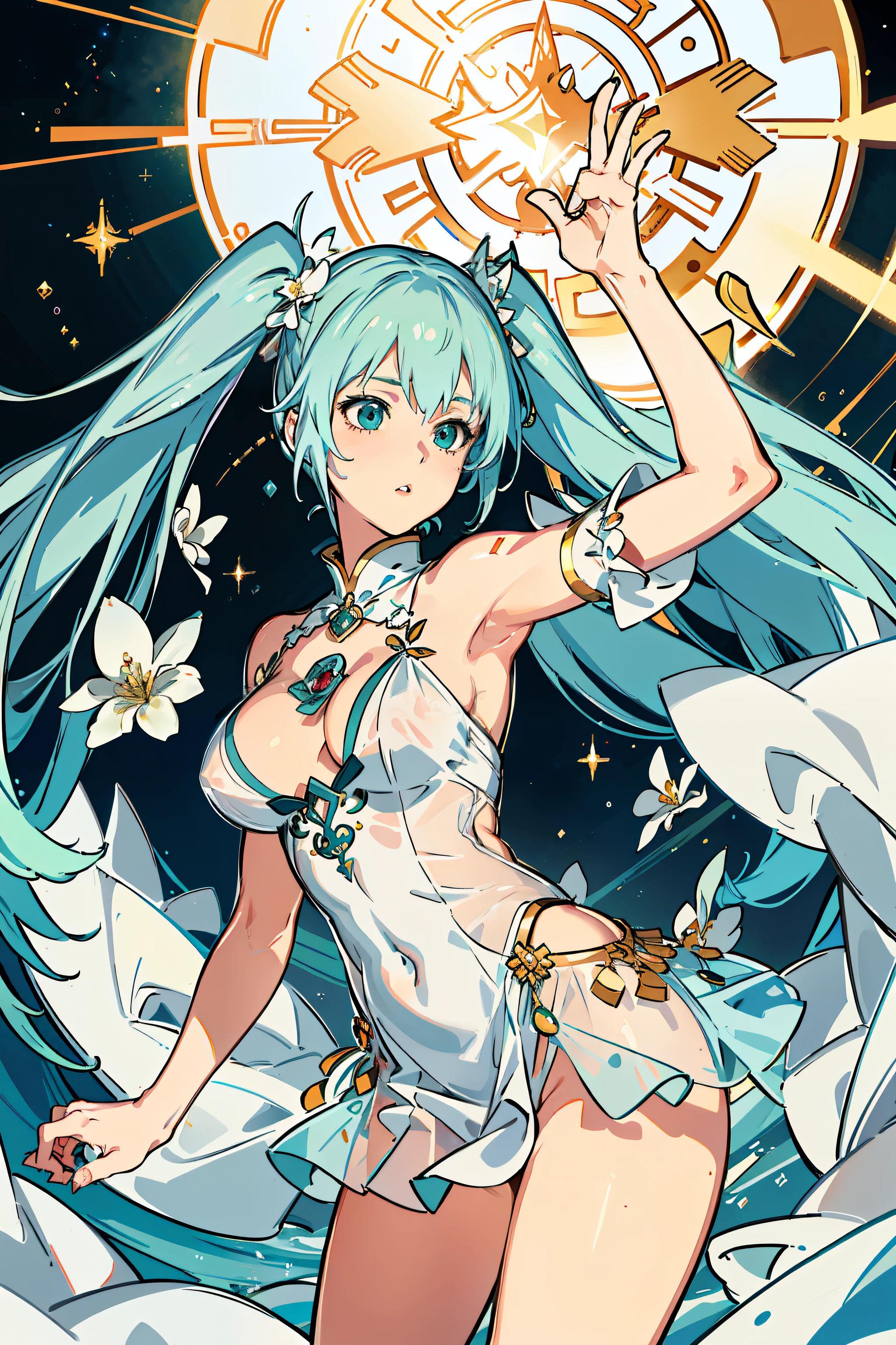 (RAW photo, Best quality), (Photorealsitic, photo-realistic:1.1), Best quality, Highly detailed, Masterpiece, Ultra detail, illustration, Charming singer, Big breasts Hatsune Miku, Os amigos, ancient-style clothing, Detailed costumes, Ultrathin, ssee-through, Bare back, Bare chest, show legs, Sexual suggestiveness, Dynamic Angle, world mastery theater, Long messy hair, Best quality, extremely detailed CG unity 8k壁纸,ink,astounding,电影灯光,lens_flare,ssee-through_flare