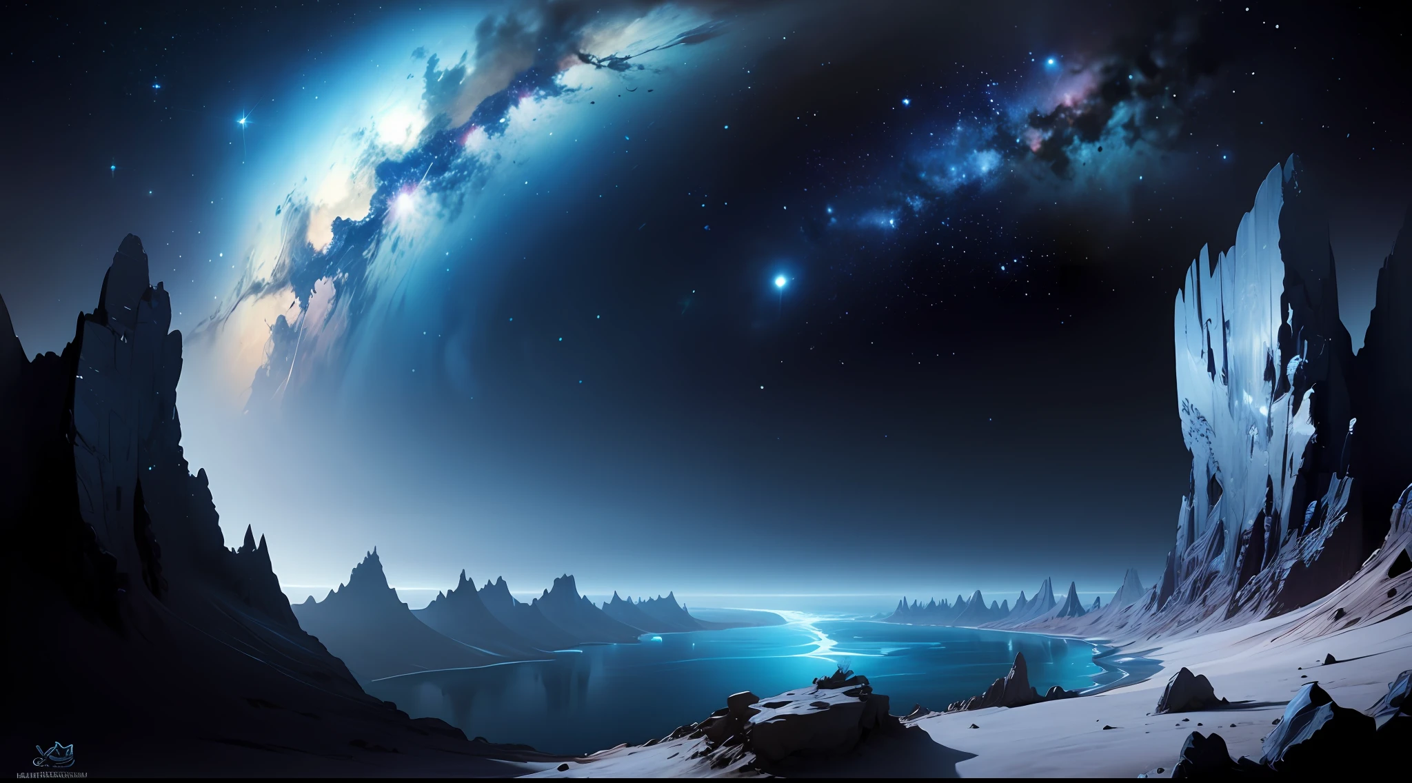 The bottomless blue sea，Starry sky with rivers and distant milky ways, galactic landscape, epic beautiful space scifi, cosmos sem fim no fundo, high detailed digital art, Space landscape