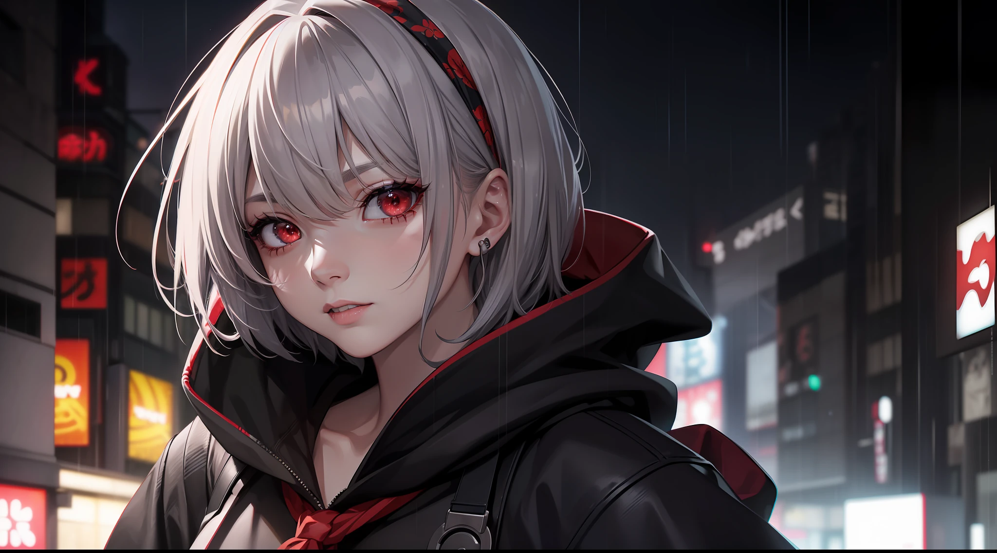 kk, best quality, more details, mastery, 1girl, kaneki ken, portrait, male focus, red eyes, solo, bangs, looking at viewer, hood, short hair, rain, tokyo tokyo (city\), bandana, nail polishing, gray hair, luxury, 8k, details, ray tracing, depth of field, cinema lighting,