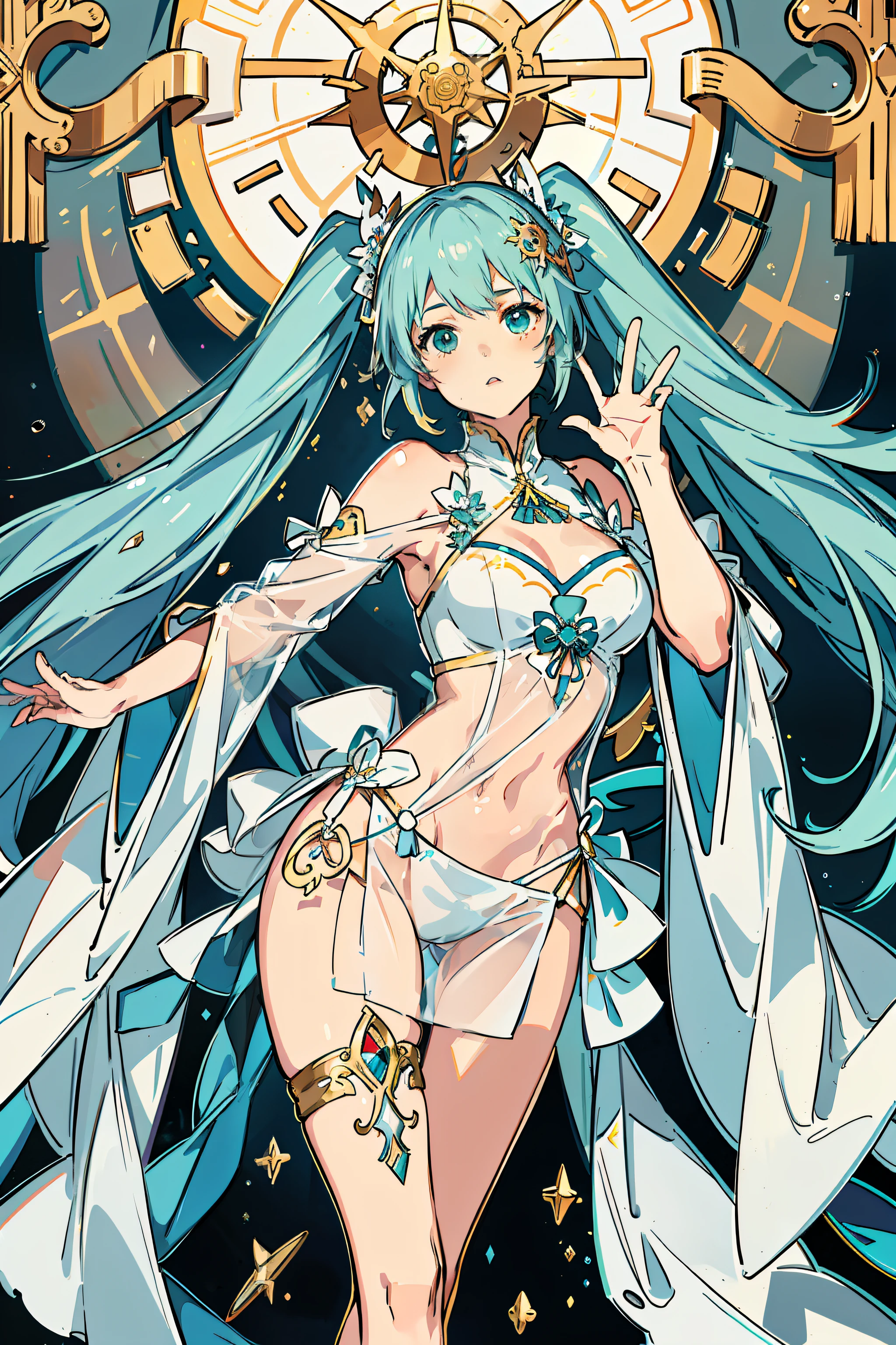(RAW photo, Best quality), (Photorealsitic, photo-realistic:1.1), Best quality, Highly detailed, Masterpiece, Ultra detail, illustration, Charming singer, Big breasts Hatsune Miku, Os amigos, ancient-style clothing, Detailed costumes, Ultrathin, ssee-through, Bare back, Bare chest, show legs, Sexual suggestiveness, Dynamic Angle, world mastery theater, Long messy hair, Best quality, extremely detailed CG unity 8k壁纸，ink，astounding，电影灯光，lens_flare，ssee-through_flare