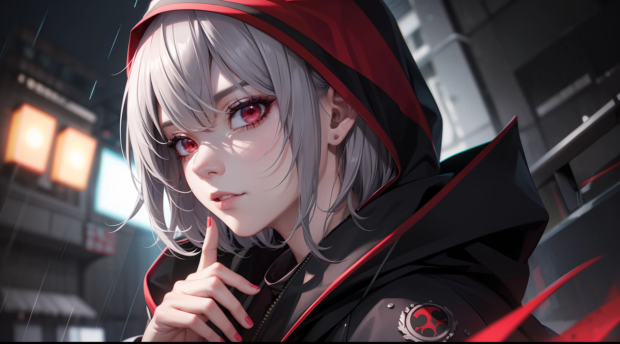 kk, best quality, more details, mastery, 1girl, kaneki ken, portrait, male focus, red eyes, solo, bangs, looking at viewer, hood, short hair, rain, tokyo tokyo (city\), bandana, nail polishing, gray hair, luxury, 8k, details, ray tracing, depth of field, cinema lighting,