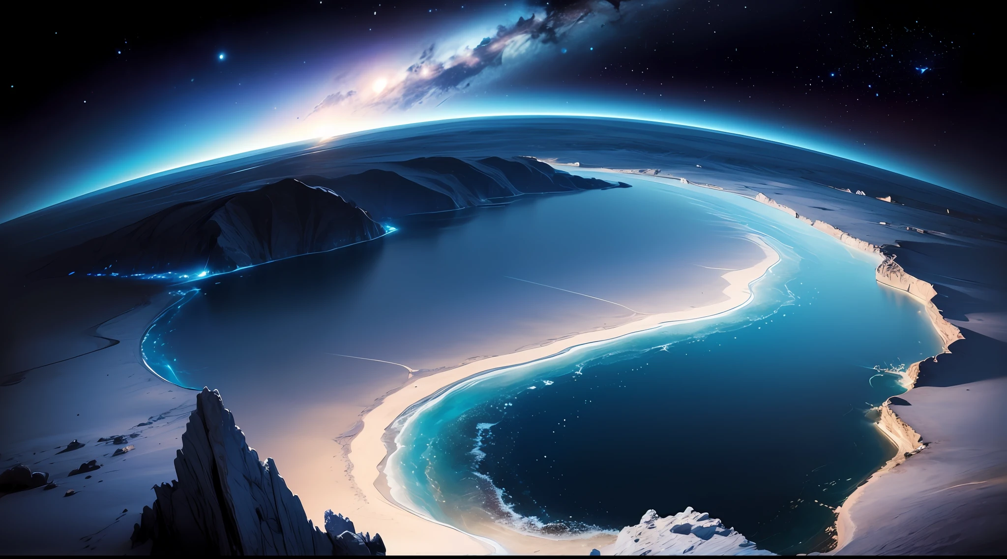 The bottomless blue sea，Starry sky with rivers and distant milky ways, galactic landscape, epic beautiful space scifi, cosmos sem fim no fundo, high detailed digital art, Space landscape