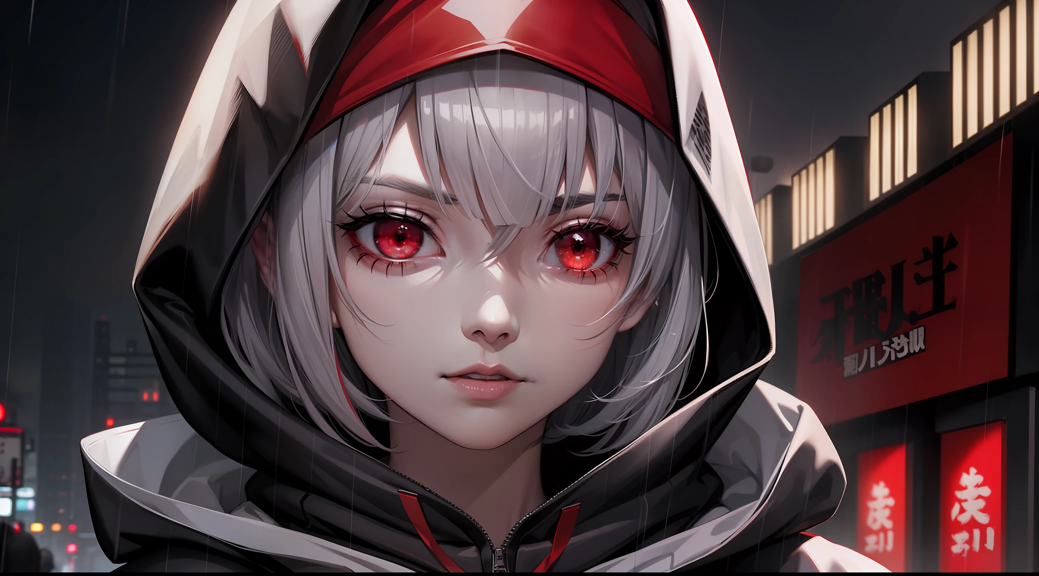 kk, best quality, more details, mastery, 1girl, kaneki ken, portrait, male focus, red eyes, solo, bangs, looking at viewer, hood, short hair, rain, tokyo tokyo (city\), bandana, nail polishing, gray hair, luxury, 8k, details, ray tracing, depth of field, cinema lighting,