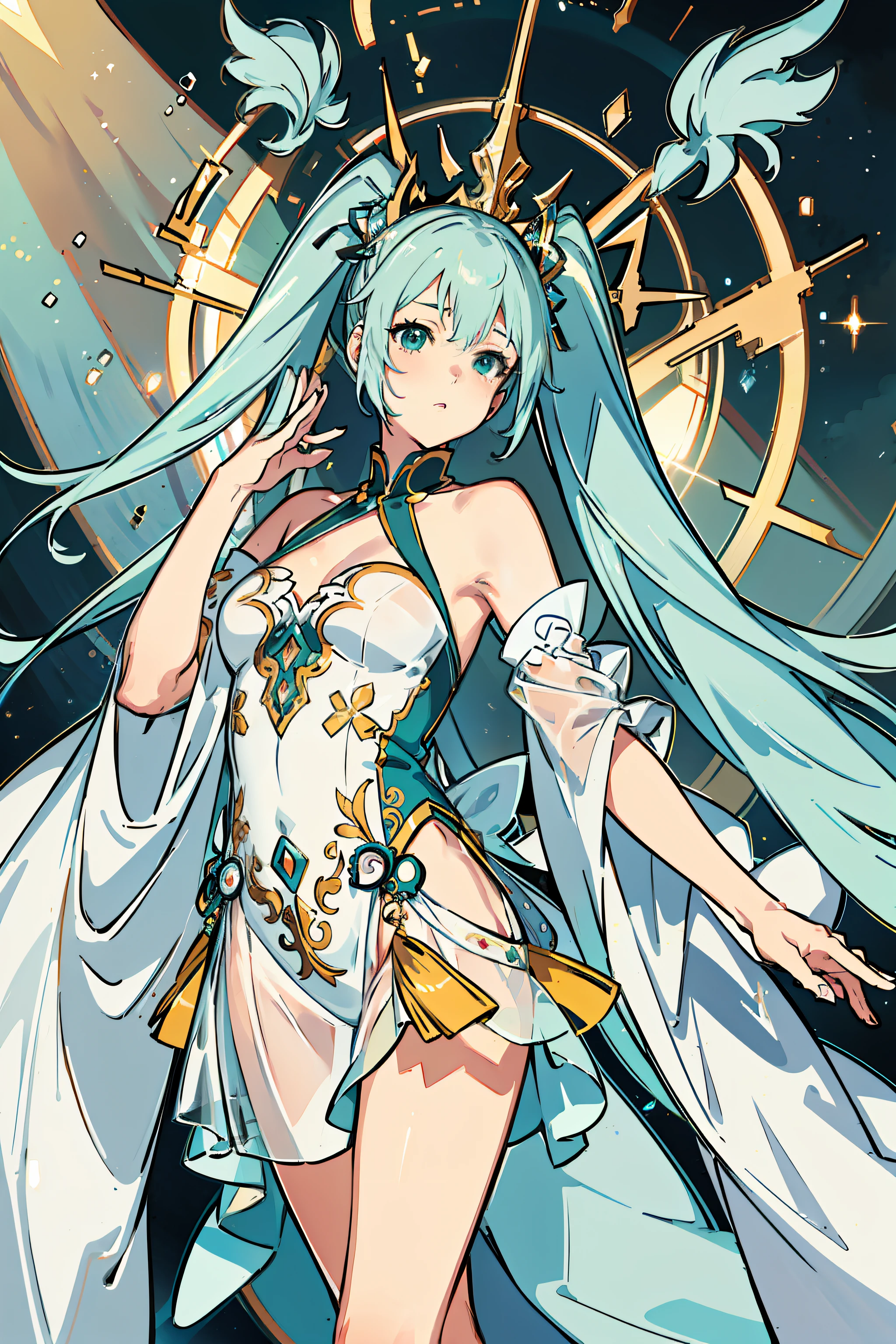 (RAW photo, Best quality), (Photorealsitic, photo-realistic:1.1), Best quality, Highly detailed, Masterpiece, Ultra detail, illustration, Charming singer, Big breasts Hatsune Miku, Os amigos, ancient-style clothing, Detailed costumes, Ultrathin, ssee-through, Bare back, Bare chest, show legs, Sexual suggestiveness, Dynamic Angle, world mastery theater, Long messy hair, Best quality, extremely detailed CG unity 8k壁纸，ink，astounding，电影灯光，lens_flare，ssee-through_flare