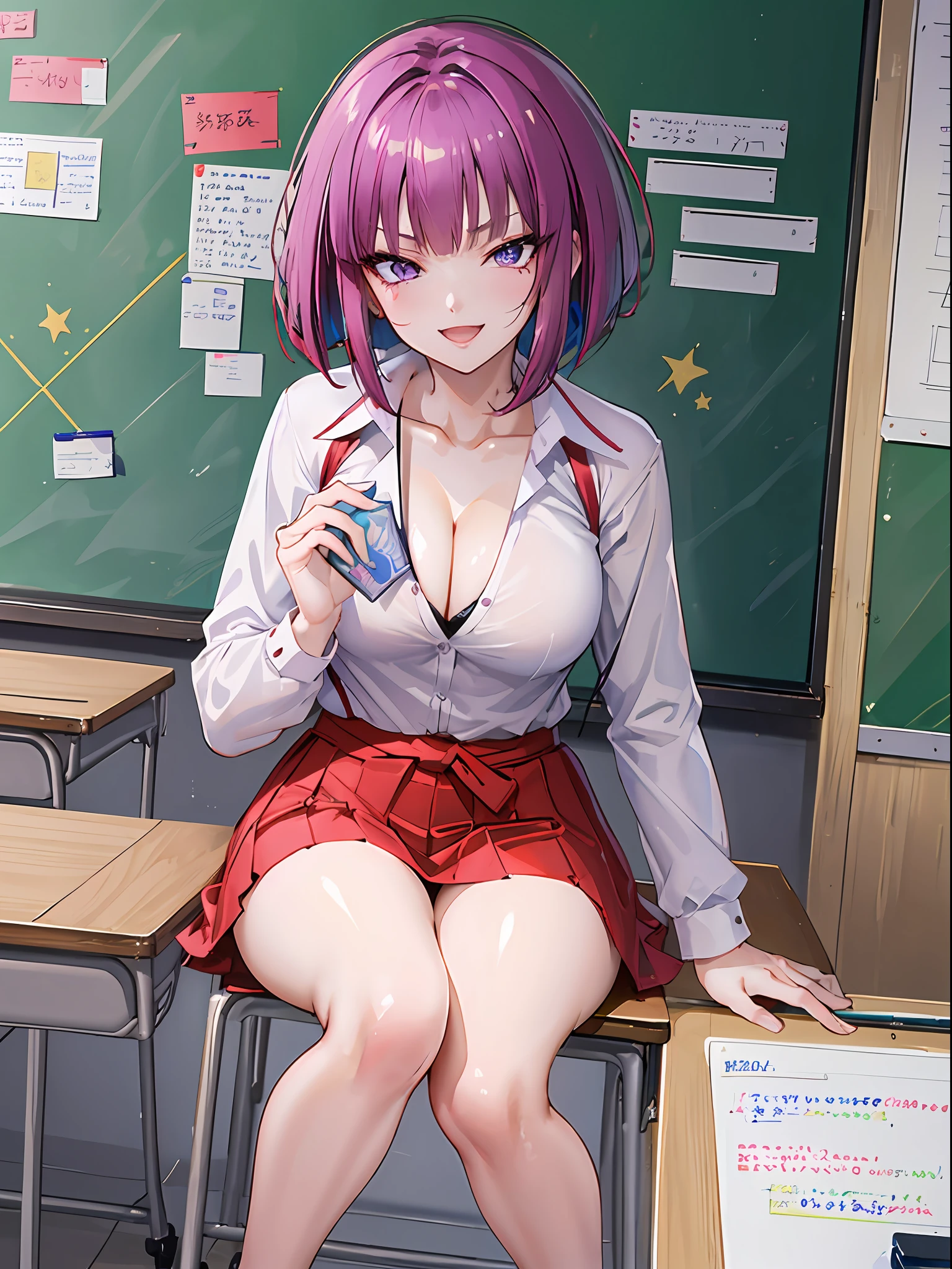 purple eyes, (best quality, masterpiece painting:1.2), Oboro, mature female, full body shot, girl, school uniform, (happy, caring look:1.5), purple hair, short hair, stacked bob hair, large breasts, (narrow waist:1.1), cleavage, perfect body, (athletic body:1.1), soft skin, anime face, perfect face, (perfect eyes:1.1), purple irises, anime eyes, smoky eyeliner, eyeshadow, asian, looking at viewer, smart, whiteboard background, classroom, sharp focus, intricate details, professional artwork, (vibrant colors:1.1), vivid colors, Diffused lighting, digital blending, ultra detailed body, ultra detail hair, ultra detail face, trending on pixiv, top button opened,