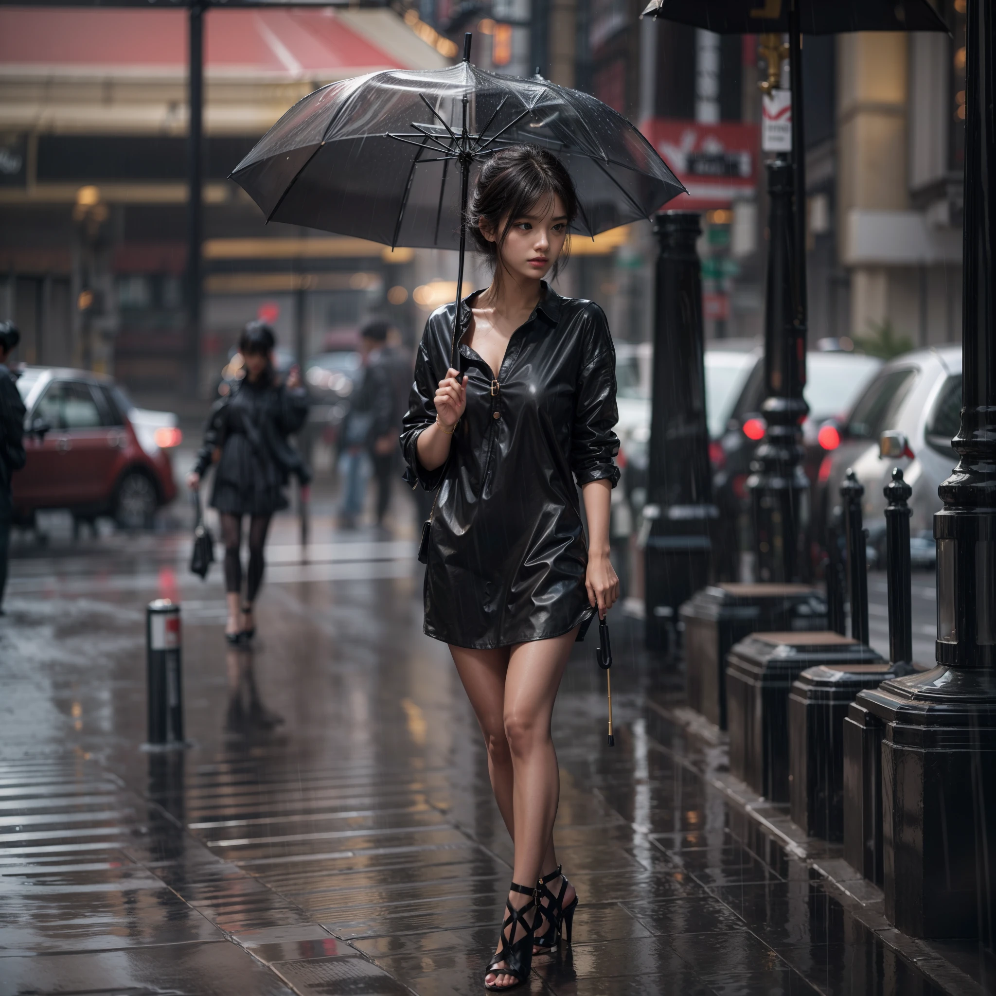 （Street photography style：1.2）one-girl，Full body like，Stand on the street，Rainy streets，Wearing a short dress，With a transparent umbrella，cabelos preto e longos，Bare legged，Black high-heeled sandals，The face is delicate，Black gold style，Exquisite，super detailing，Outstanding work,