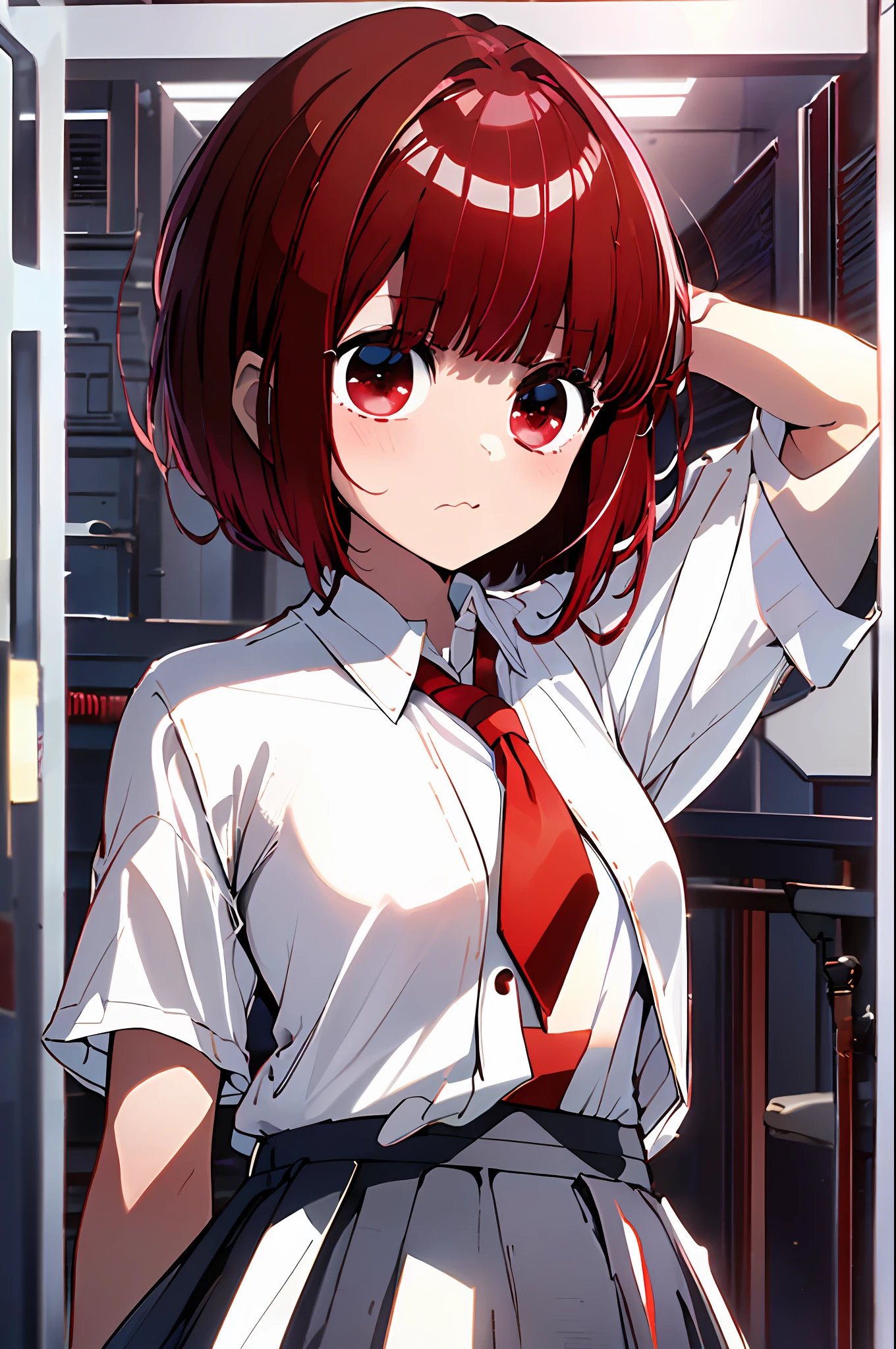 (((Masterpiece: 1.2),(Highest Quality),(Perfect Anatomy),(Finest Detail),(Best Background),(Perfect Hand))))||||||||||, (Character Focus),|||||||(Cute girl, shiny skin, small eyes)),||||||||||||(Cute Girls, Big Eyes, Red Eyes, (Red Hair: 1.4), Short Hair))),|||||||||, (( (Uniform,(White Shirt:1.5), Black Skirt))),|||||||, (((School, Indoor))),||||||||, ((View Viewer: 1.2),Upper Body)), Break