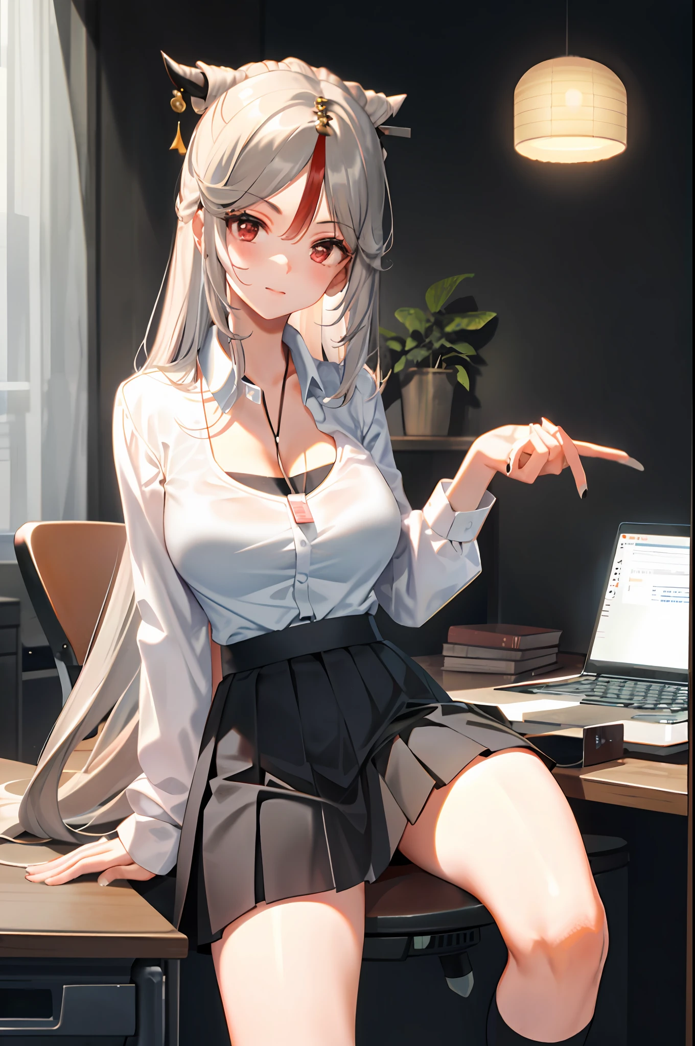 1girl, solo, ((white shirt)), black thighhighs, breasts, cleavage, office background, black skirt, pleated skirt, office, hair between eyes, hair ornament, large breasts, long hair, looking at viewer, silver hair, silver short nails, red eyes, solo, thighhighs, thighs, very long hair, ((masterpiece)), sitting, chair, desk, computer on desk, name tag, id tag, indoor, blush, sexy pose,