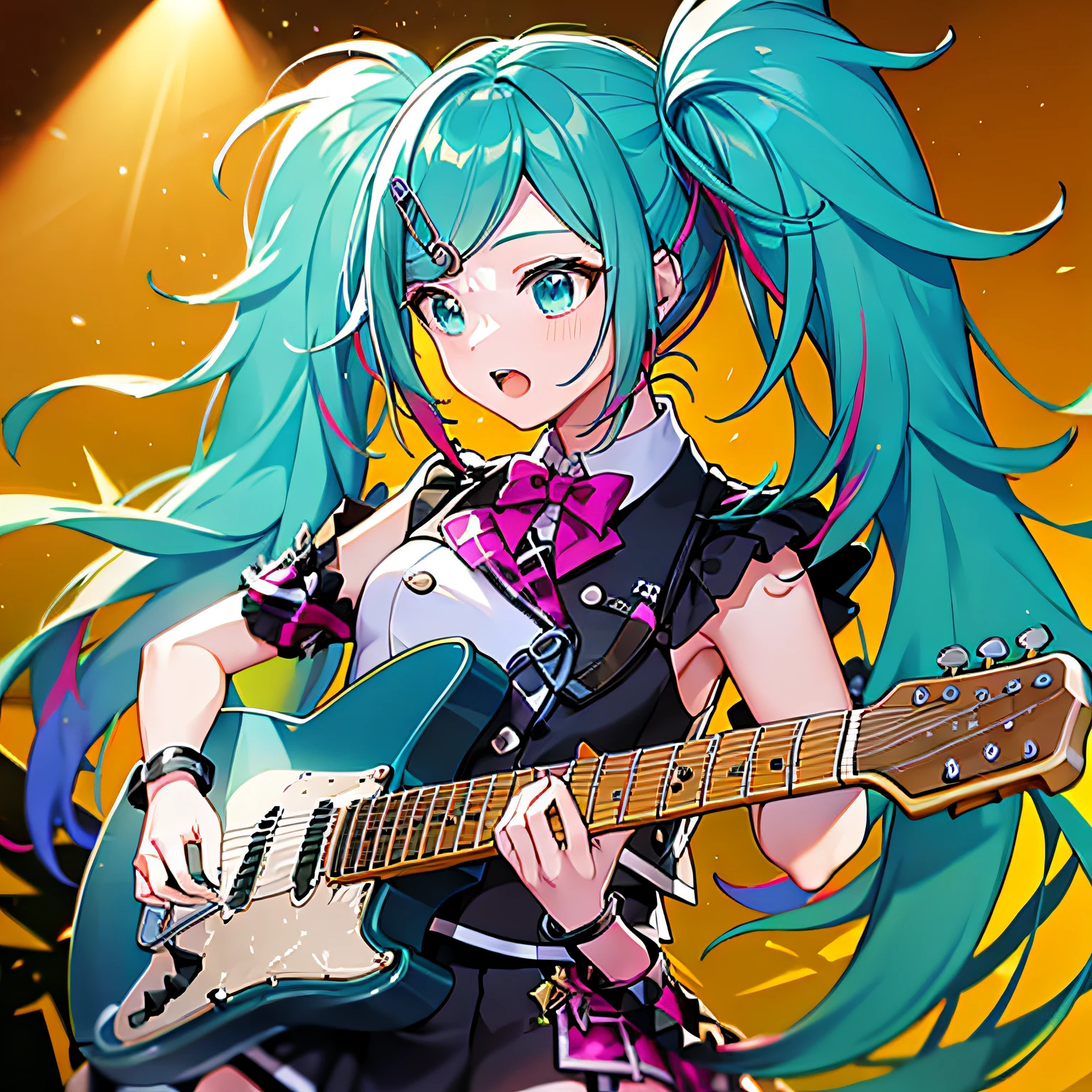 masterpiece, best quality, highres, leomiku, black shirt, stage, standing, cowboy shot,playing the guitar,singing