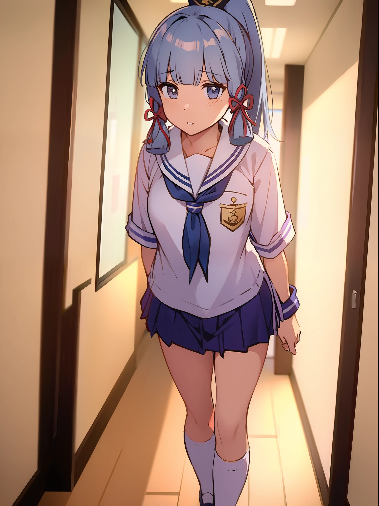 (genshin impact, kamisato ayaka) wearing sailor uniform, walking in the classroom hallway, background blur, in the hall there are several people