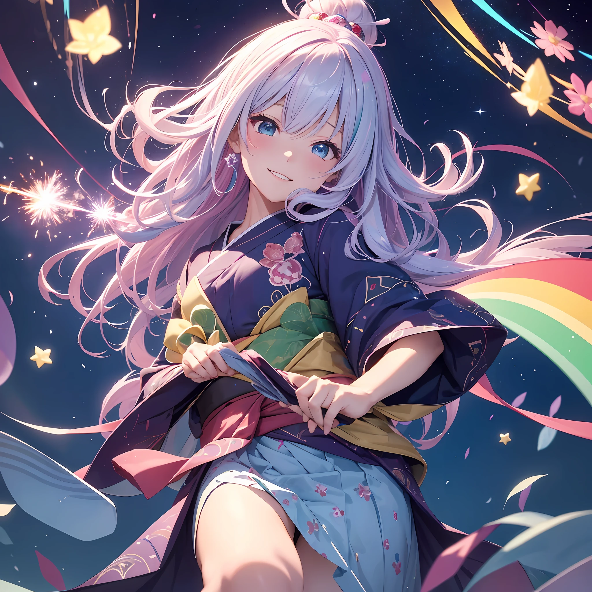 Dark Magician Girl、MKSKS style、3 people、(highly detailed back ground:1.0)、(highly detailed back ground:1.0)、​masterpiece、top-quality、An ultra-high picture quality、16k、high-detail、Blue eyes、frombelow、Fold your hands in front of you、Have cotton candy、The upper part of the body、Looking back、Hair ornament with emerald、Reddish cheeks、a smile、(1/2 pink and 1/2 Light blue hair、rainbow-colored hair、Ahoge、Curly、Forehead)、(Colorful kimono with a lot of draping、Rainbow kimono:1.3、lightweight、Soft、Fluffy)、Silver necklace、Silver bracelet、(Ray-like pattern:1.4)、night sky full of stars、sparklers、sparklers、sparklers、omatsuri、natta、wakame、wakame、wakame、wakame、wakame、wakame、wakame、wakame、wakame、wakame、wakame、wakame、wakame、wakame --auto