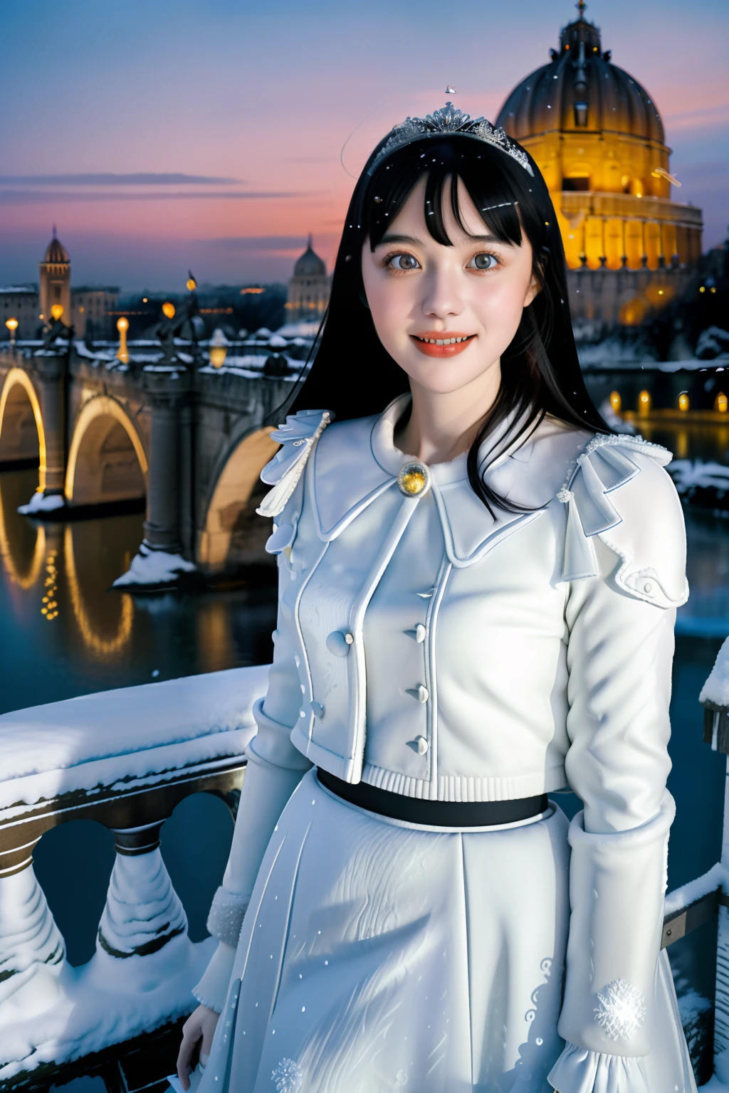 (Masterpiece),(Best quality),(Ultra-detailed), (full bodyesbian:1.2),
2girls,duo,Princess Eyes,Castel Sant'Angelo in Rome,navel,winter,Snow,crowd,Cute, Smile, Open mouth, Blurry, bangs, Black hair,
(Beautiful detailed face), (Beautiful detailed eyes),