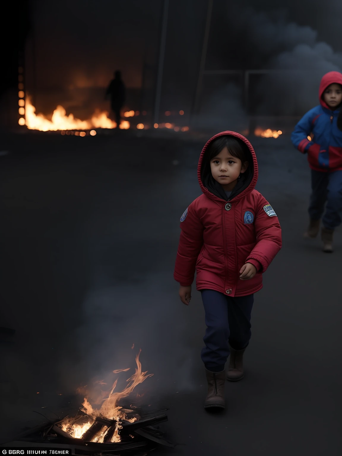 A child girl pictured her fleeing a fire alongside her 4-year-old brother, the two are wearing a cold suit with a hoodie and wearing boots;