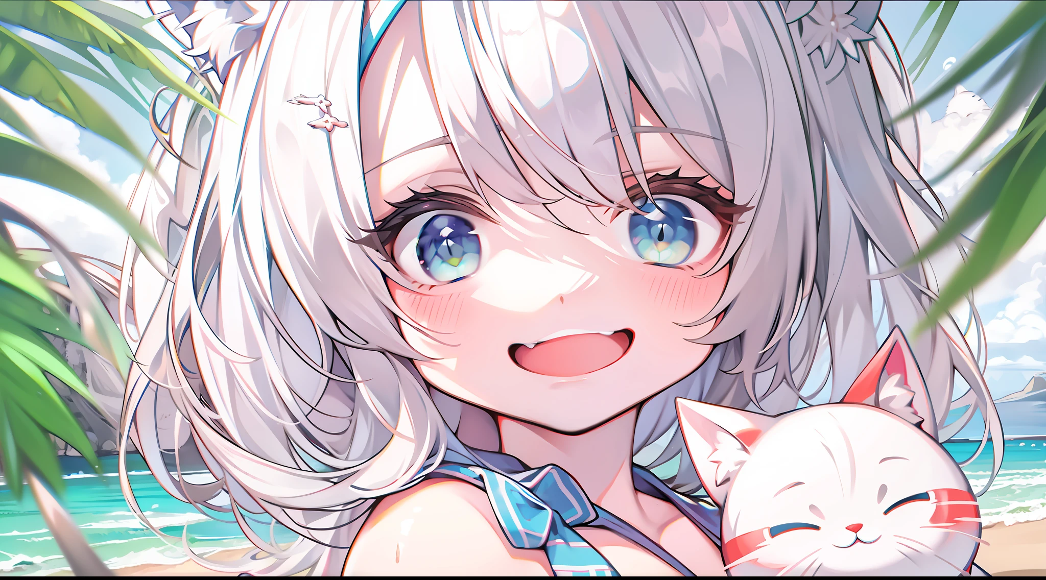 Seaside beach swimsuit white cat-eared girl