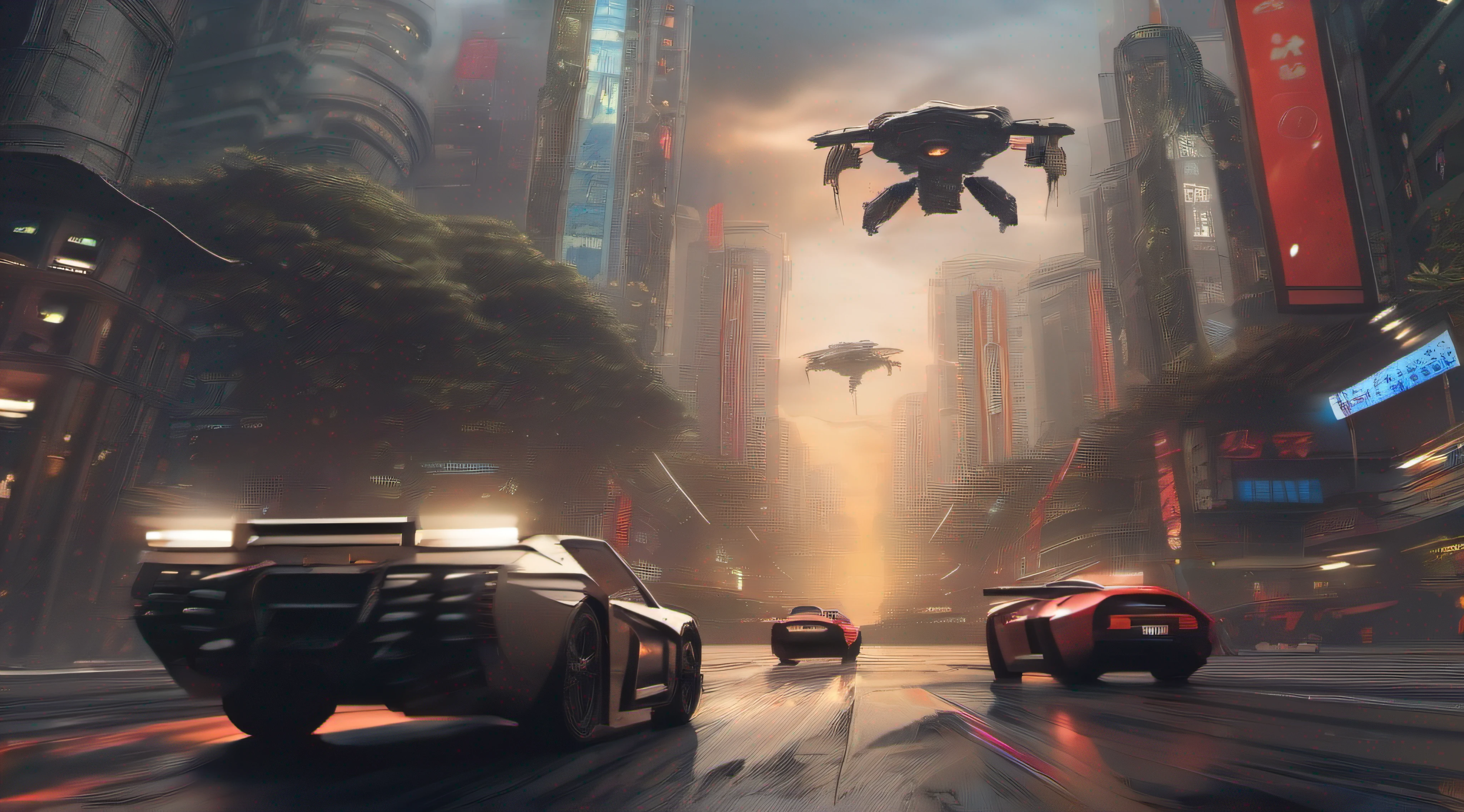（tmasterpiece，high-level image quality）Crazy futuristic city，Nismo，In a raging city，Radial background blur，Bombing zone，Future mecha，droid，Big dogfight