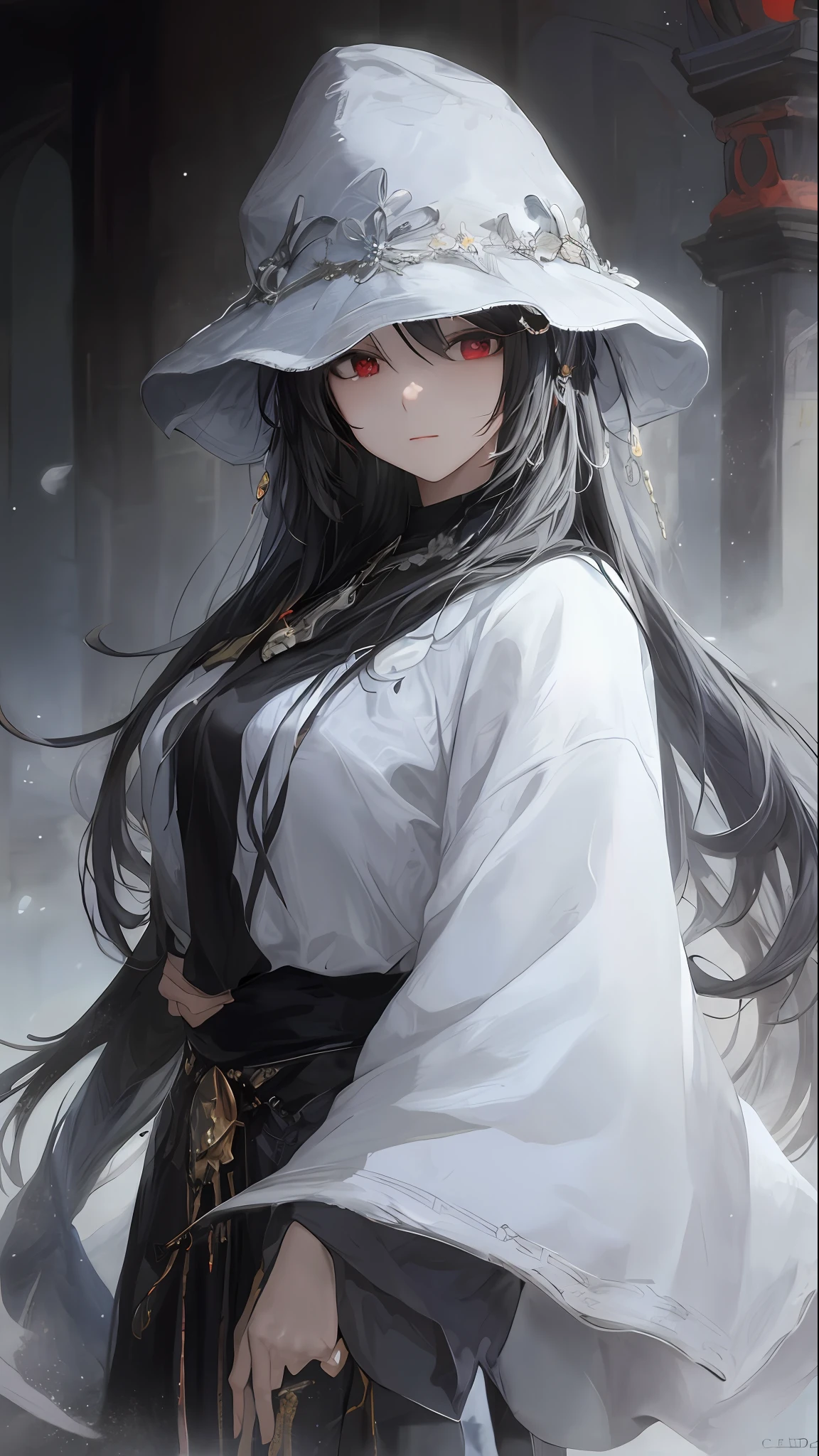 a black-haired、Close-up of a woman in a white scarf，Masterpiece, Best quality, Ultra-detailed，Pixiv competition winner，Fantasyart，black haired goddess，Beautiful character painting，Guviz-style artwork，staredown，Guweiz，cabelos preto e longos，longblackhair，flowing hair and long robes，Red eyes。